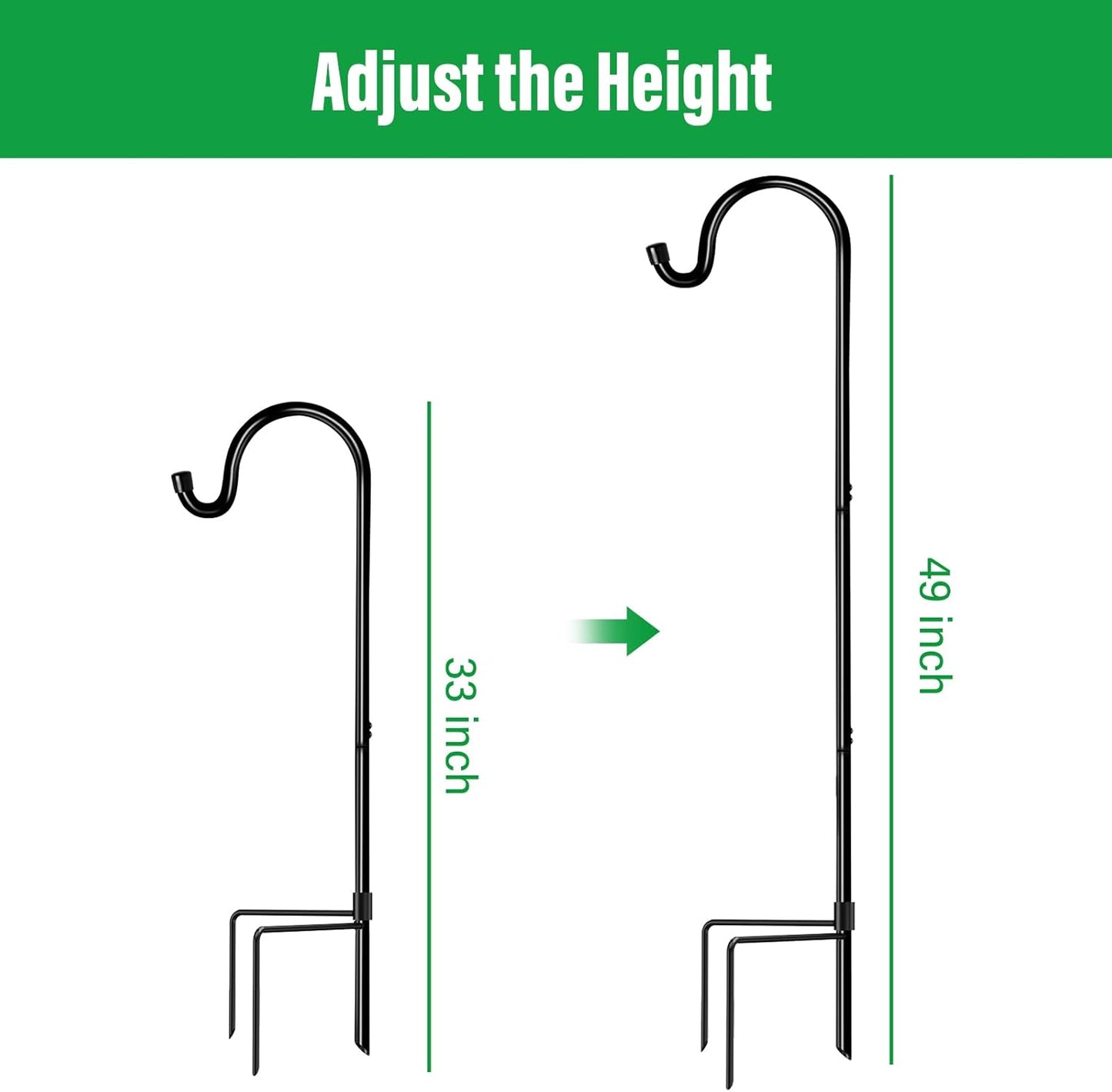 GOFORWILD Shepherd Hooks 2 Pack Adjustable, 49 inches Tall, Premium Metal Garden Hook for Outdoor, Hanging Plant, Solar Lights, Lanterns, Bird Feeders, and Wedding Decor, 7013