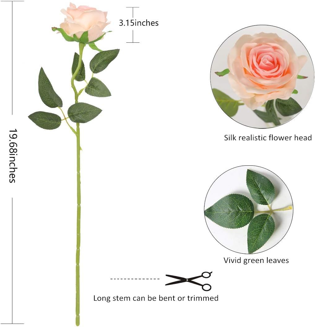 Pink Fake Roses Artificial Flowers - 10 Pcs Fake Artificial Roses Silk Flowers with Stems for Home Wedding Hotel Office Centerpiece Decor(Champagne Pink)