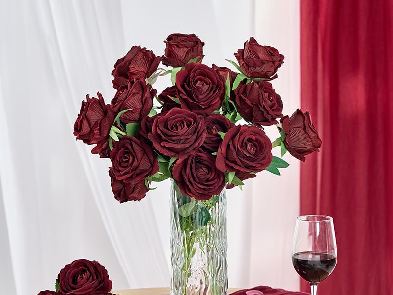 Serwalin 20pcs Artificial Dark Red Roses, 4'' Big Velvet Flower Head Fake Roses, Realistic Silk Roses Real Touch Bouquet Long Stems for Wedding Home Decor and Table Centerpiece