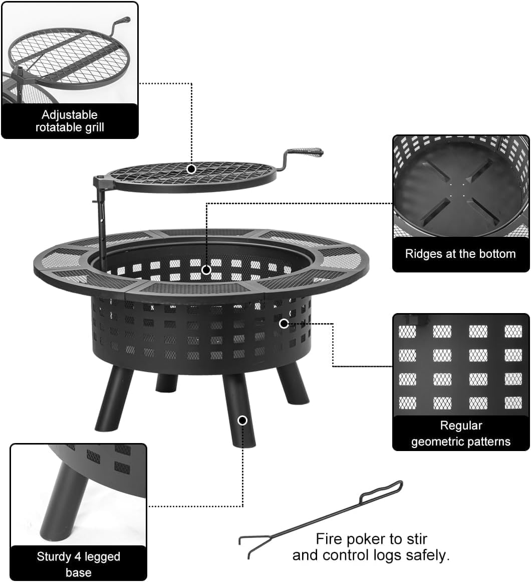 36 inch Outdoor Fire Pit with Grill,Wood Burning Firepits for Outside with Lid & Fire Poker,Metal 3-in-1 Fire Pit Table with Cooking Grate,Outdoor Fireplaces for Bonfire,Yard,BBQ(Jet Black)