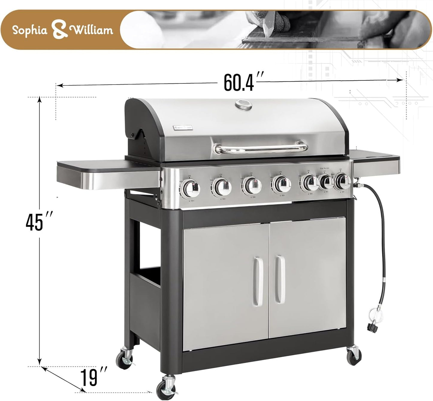 Sophia & William 6-Burner Propane Gas BBQ Grill with Side Burner & Porcelain-Enameled Cast Iron Grates, Stainless Steel Barbecue Grills Outdoor Cooking for Outside, 665 SQ.IN. Cooking Area, 65,800BTU