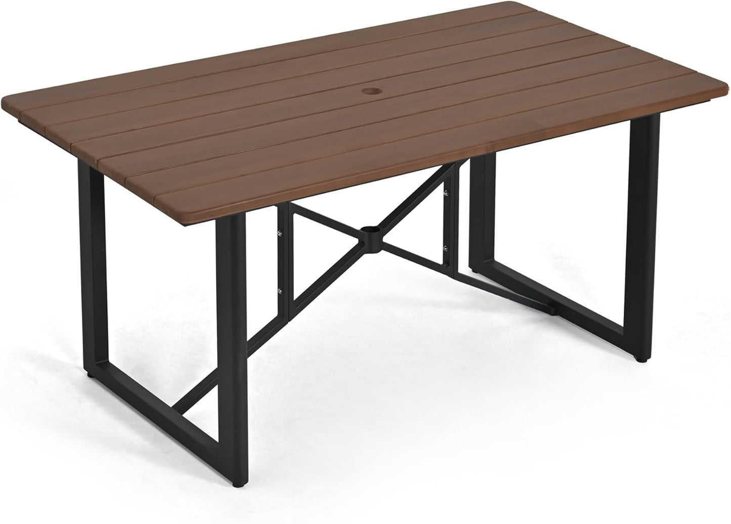 HAPPATIO Outdoor Acacia Wood Dining Table, 6-Person Patio Dining Table with Powder-Coated Aluminum Frame, Rectangle Outdoor Dining Table with Umbrella Hole for Deck Yard Garden