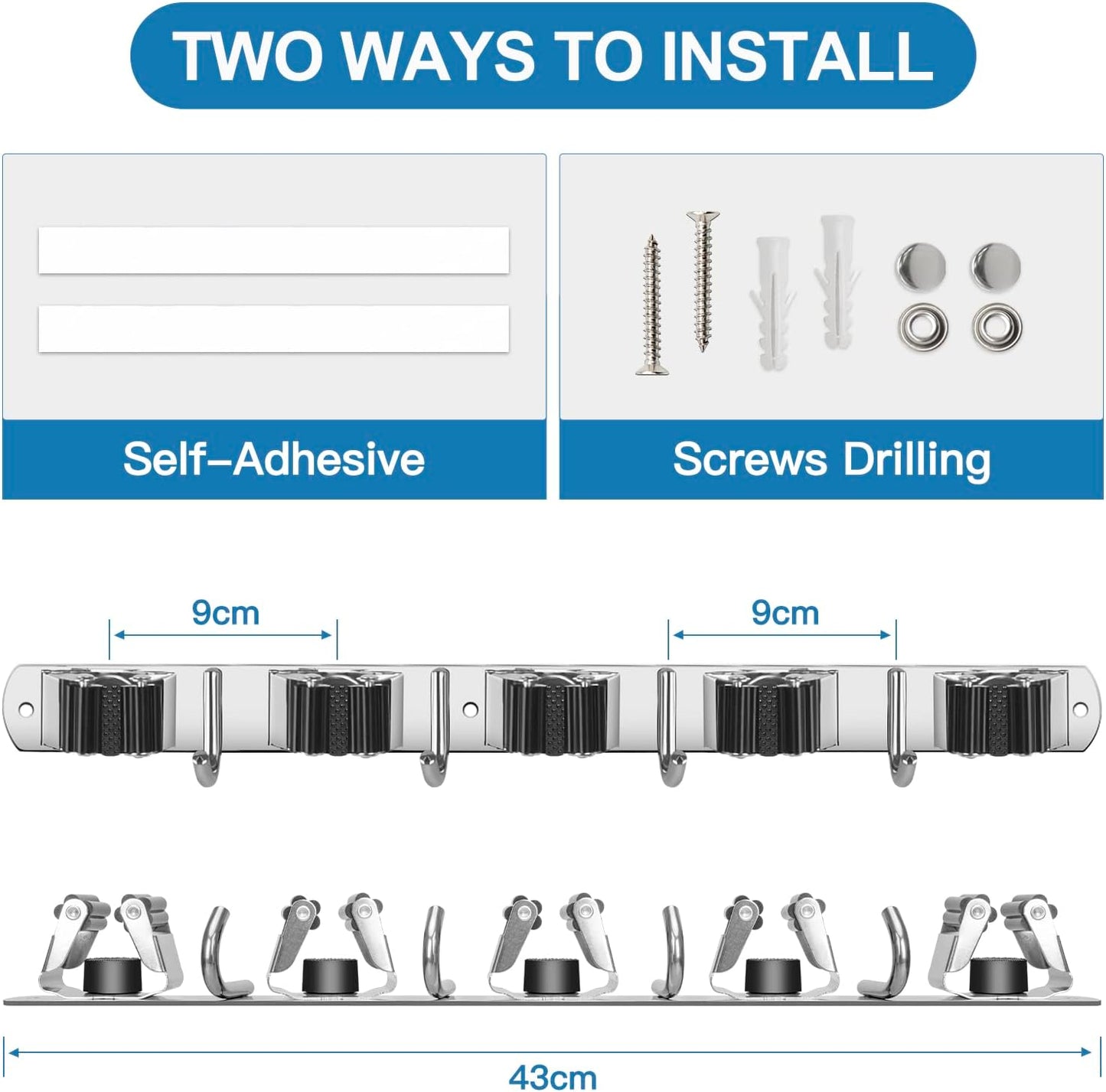 IMILLET Broom Holder Wall Mounted, Stainless Steel Broom Mop Holder Self Adhesive Heavy Duty Hooks Storage Organizer for Home Laundry Room Garden Garage Closet Kitchen 1 Pack(5 Racks with 4 Hooks)