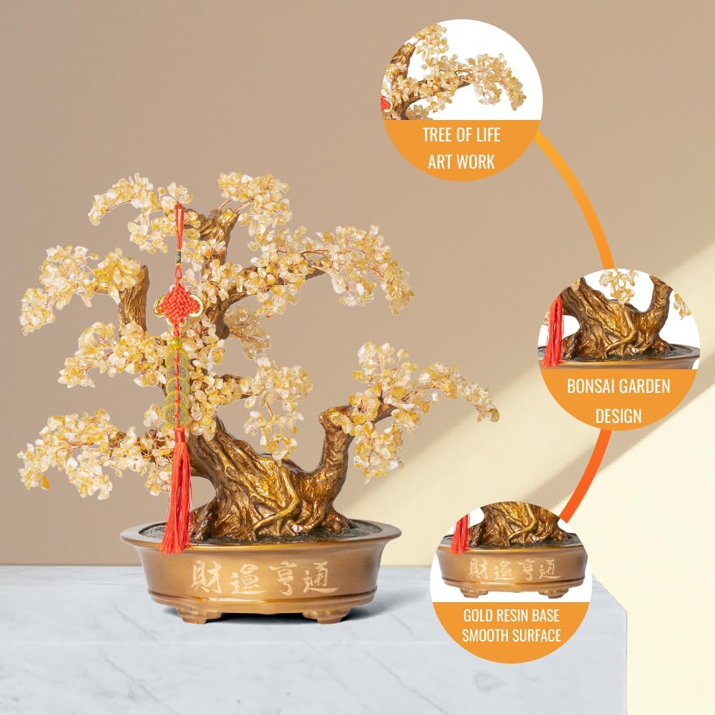Natural Citrine Gemstone Crystal Bonsai Tree of Life(1,350 Gemstone Count) Large Feng Shui Money Chakra Tree for Luck and Wealth Desk Decoration 20 Inches