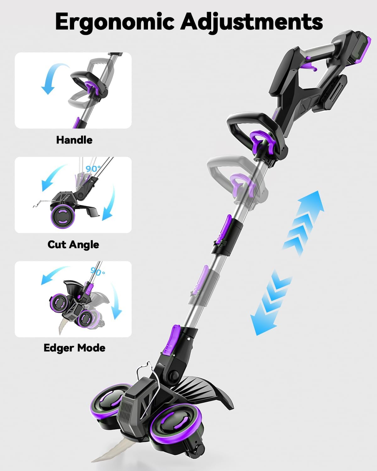 Weed Wacker Cordless, GearBrushless™, 3-in-1 Edger/Mower/Trimmer with Blade, 20V Battery Powered, 60 Min Runtime (with One Battery)