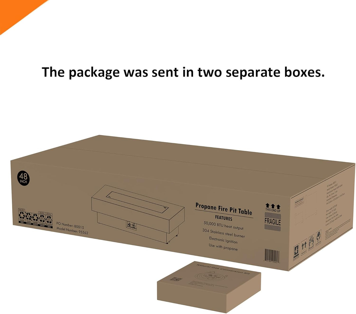 48-inch Fire Table with Natural Gas Conversion Kit, 50,000BTU Outdoor Modern Patio Fire Pit Table w/Rectangular Burner Lid, Glass Rocks, Cover