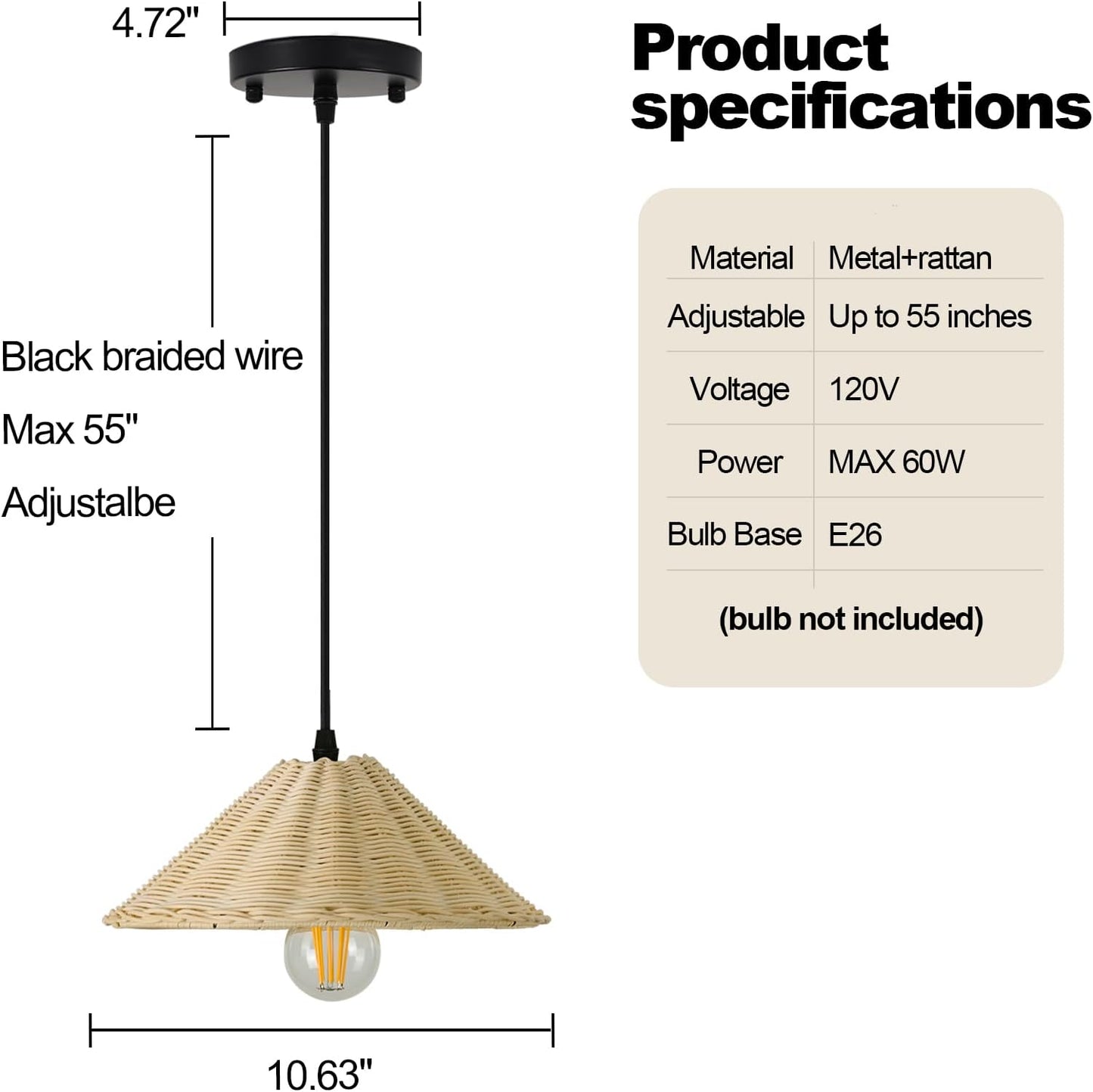 TERLEENART Hard Wired Rattan Pendant Lights Set of 2,Farmhouse Coastal Woven Wicker Ceiling Light with 10.65” Cone Shade, Boho Wired Mounted Hanging Chandelier for Bedroom Dining Room Kitchen Island