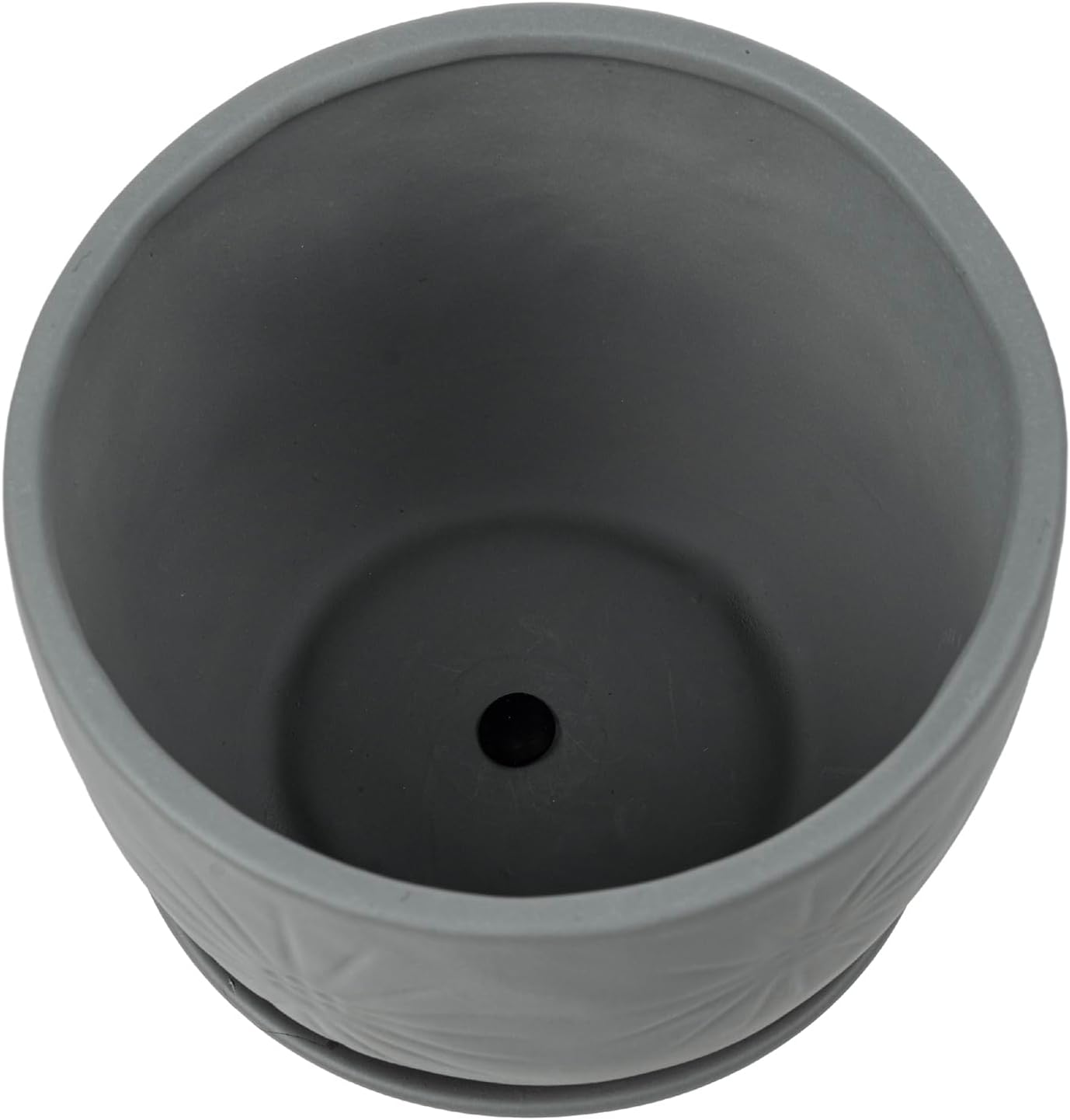 MyGift 7 Inch Grey Ceramic Plant Pot with Drainage Hole and Attached Saucer, Modern Decorative Embossed Sunburst Planter Container for Indoor Home Garden