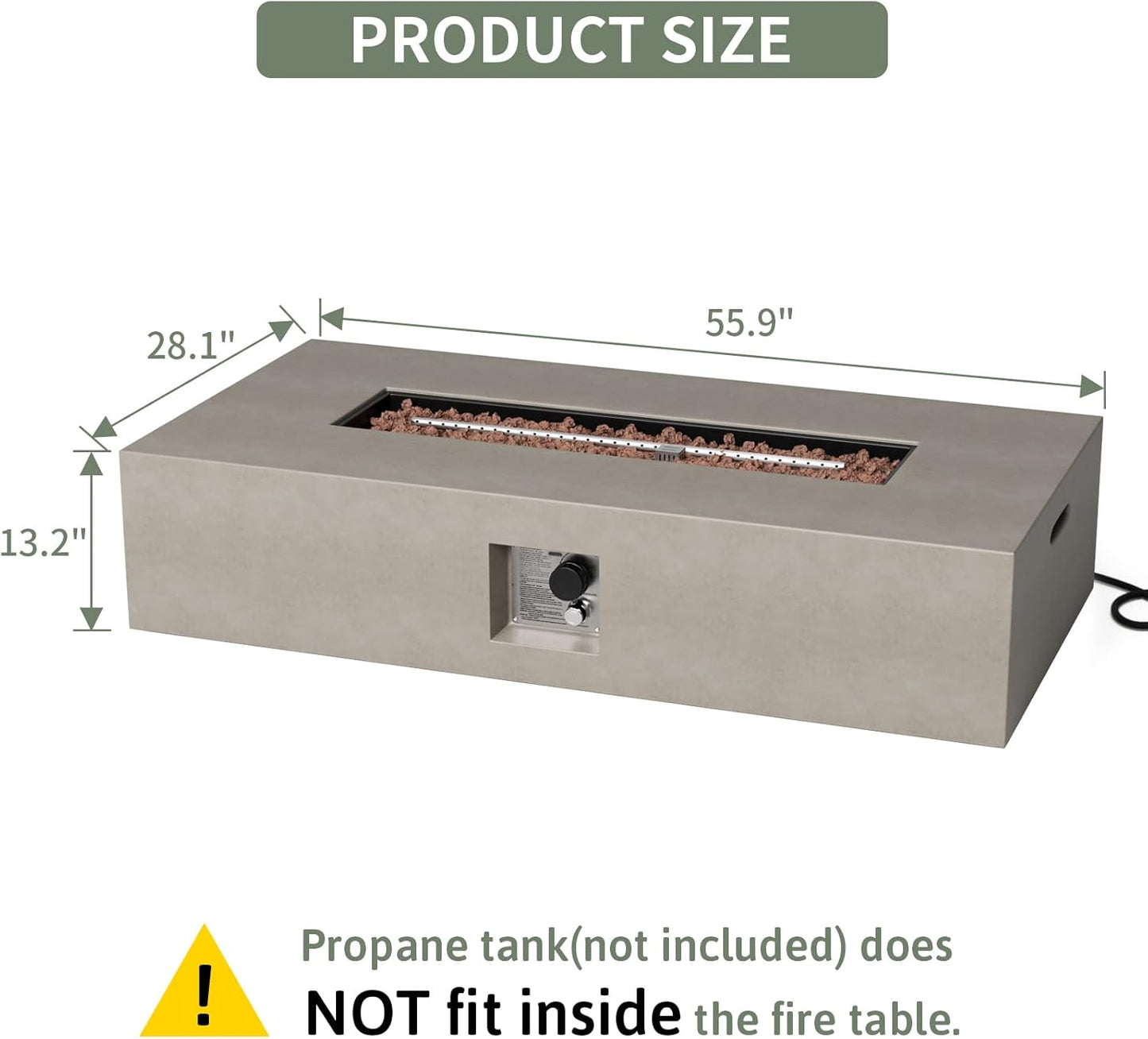COSIEST 56-inch x 28-inch Outdoor Propane Fire Pit Coffee Table w Concrete Rectangle Base, CSA Certified, 50,000 BTU, Free Lava Rocks and RainCover, Fits 20lb Tank Outside(Gray)
