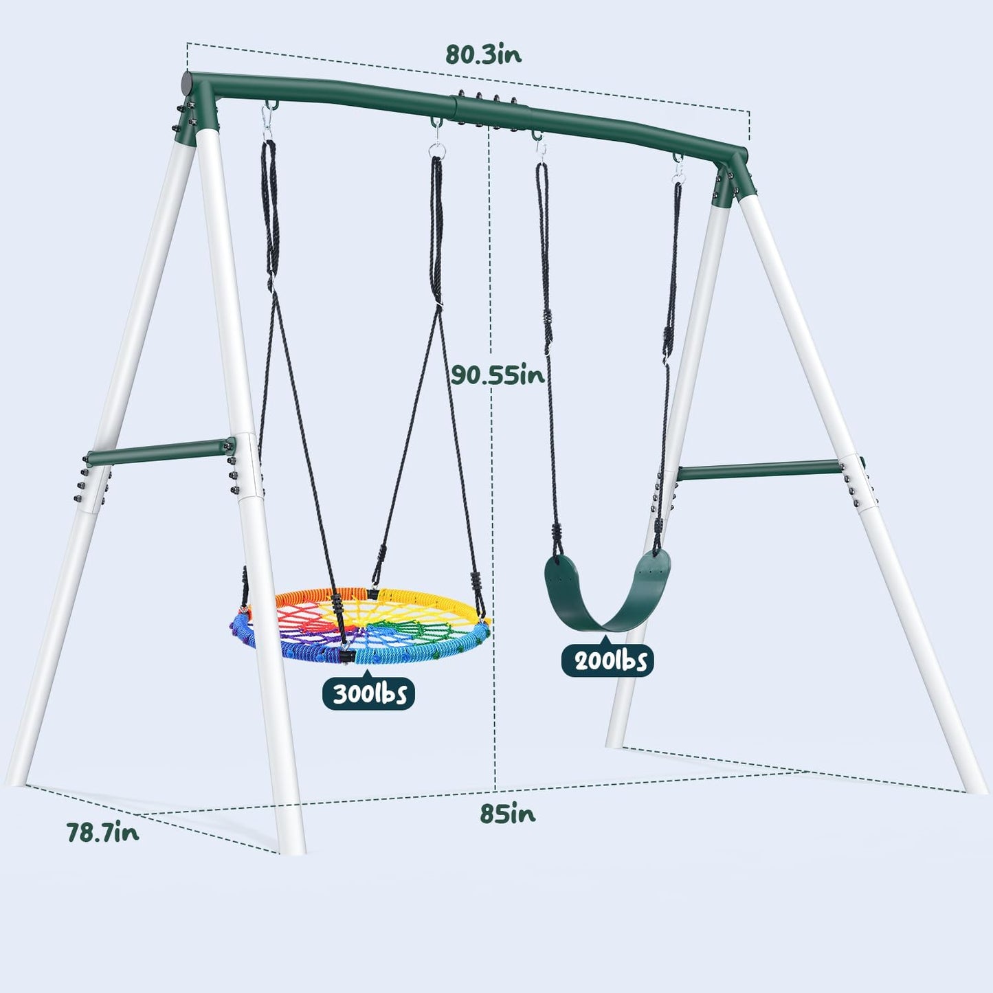 Hapfan 7.5ft Tall Swing Sets for Backyard, 500lbs Heavy Duty Swing Set for Kids and Adults with Spider Swing and Belt Swing, Outdoor Playground Sets for Backyards (Green and White)