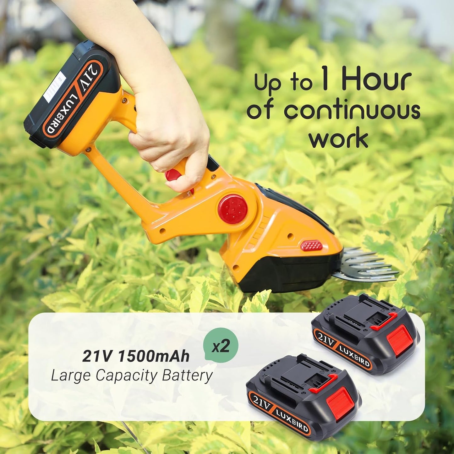 LUXBIRD 2-in-1 Mini Hedge Trimmer Cordless,Light Handheld Grass Trimmer, Electric Shrub Trimmer with 2Pcs Rechargeable Batteries and Case (Yellow)