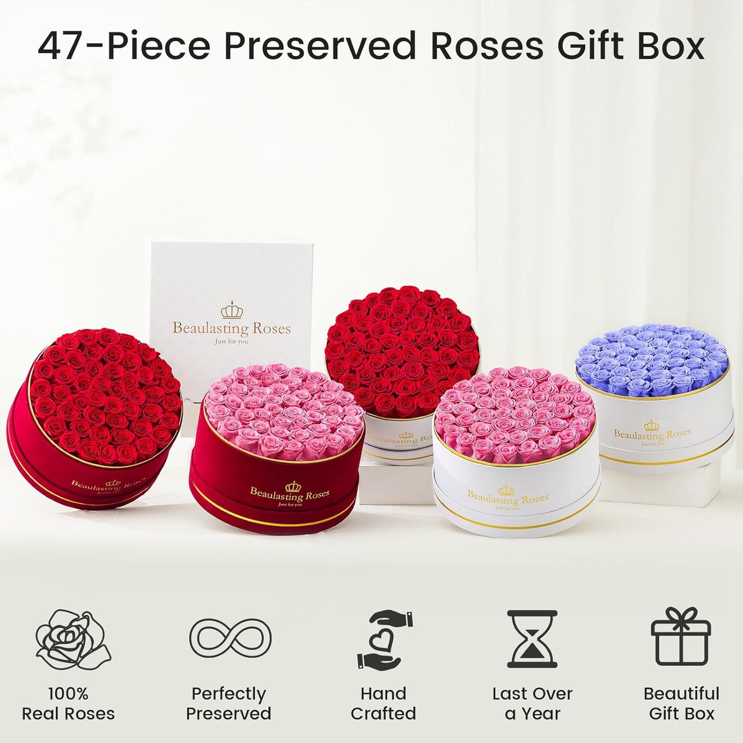 Preserved Roses Forever Flowers Real Roses in a Box Mother's Day Birthday Flowers for Her Mom Women Wife Valentine's Day, Red, 47 Piece