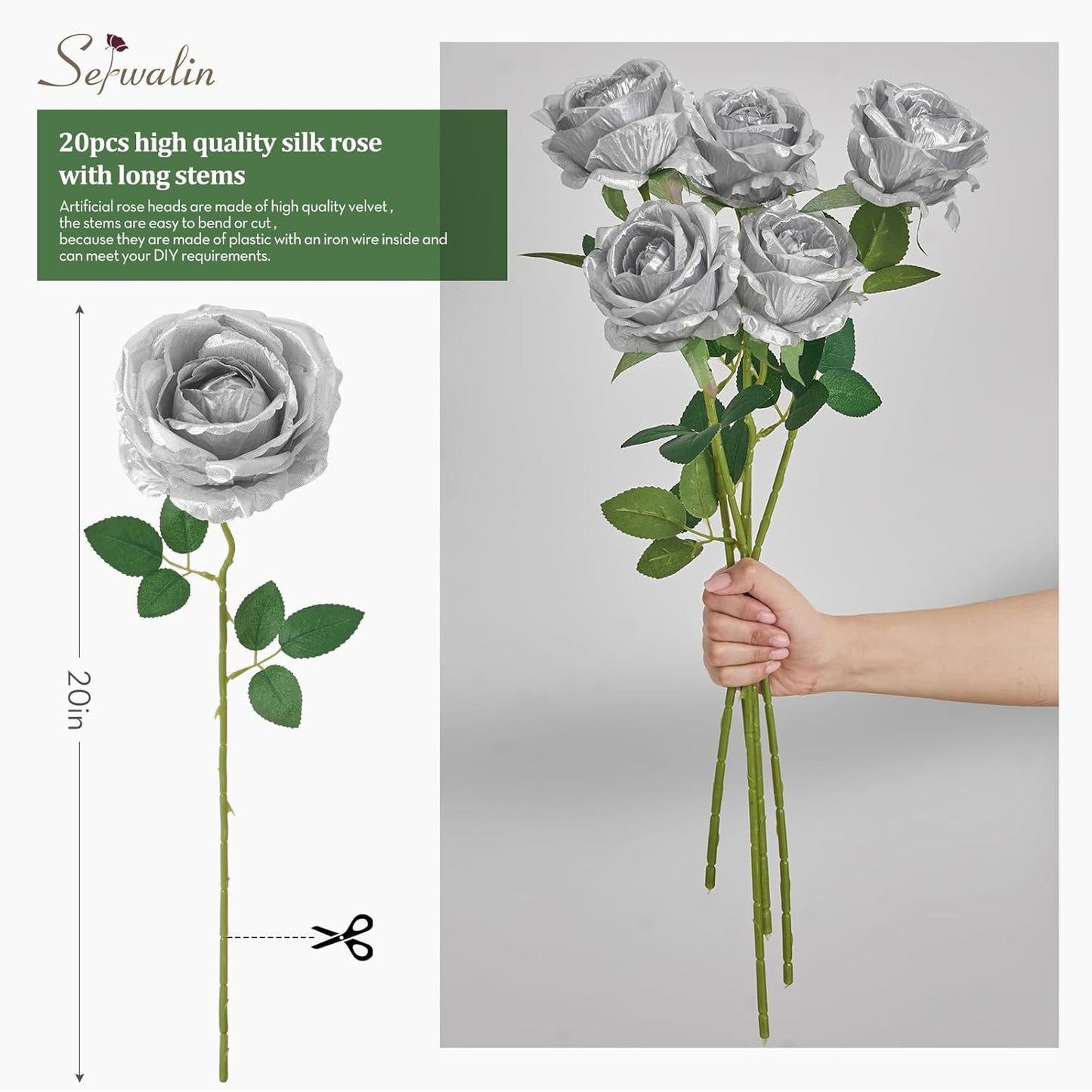 Serwalin 20pcs Artificial Silver Roses, 4'' Big Flower Head, Fake Roses Real Touch, Silk Roses Long Stems Realistic Bouquet for Wedding Parties Table Centerpiece and Home Decor