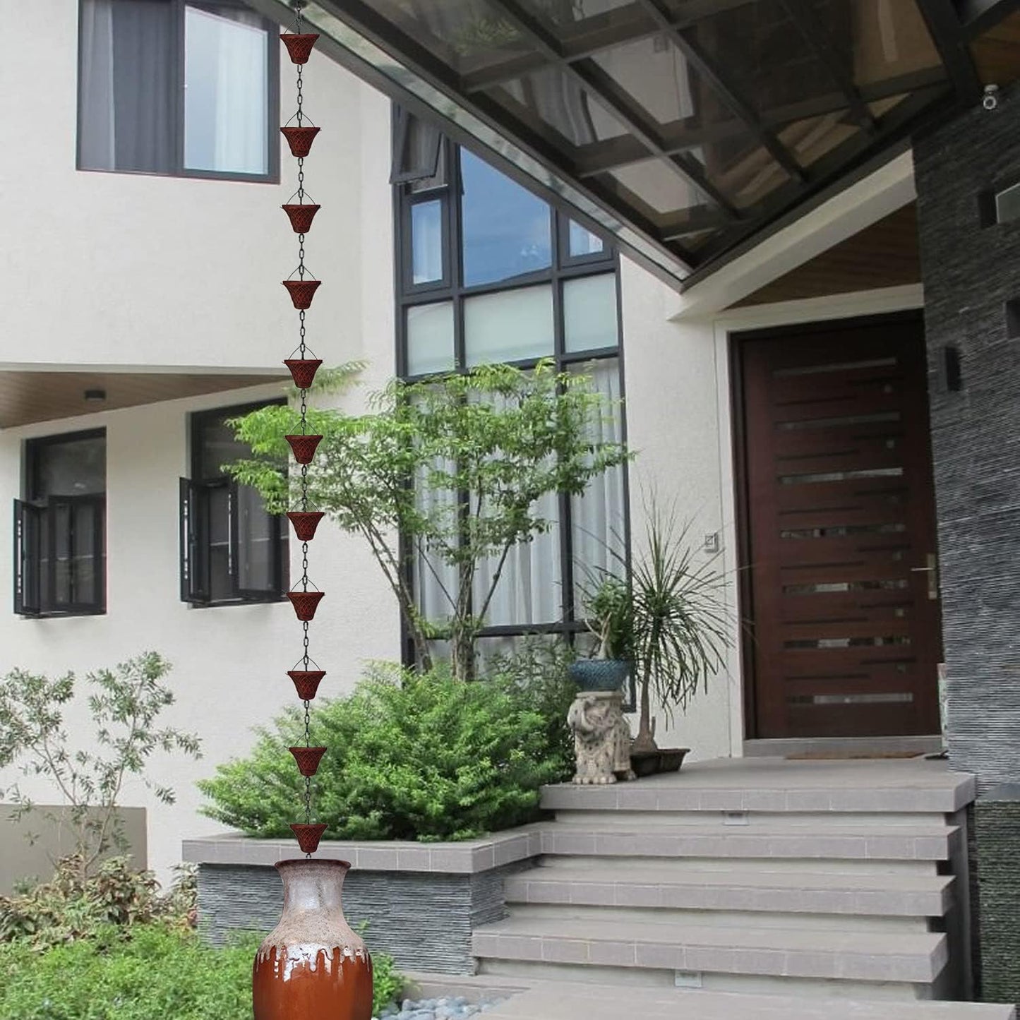 8.5FT Bell Iron Rain Chains for Gutter and Rain Barrel, Rust-Resistant Plated Garden Décor for Downspout, Bonus Rain Chain Gutter Adapter (Antique-Red)