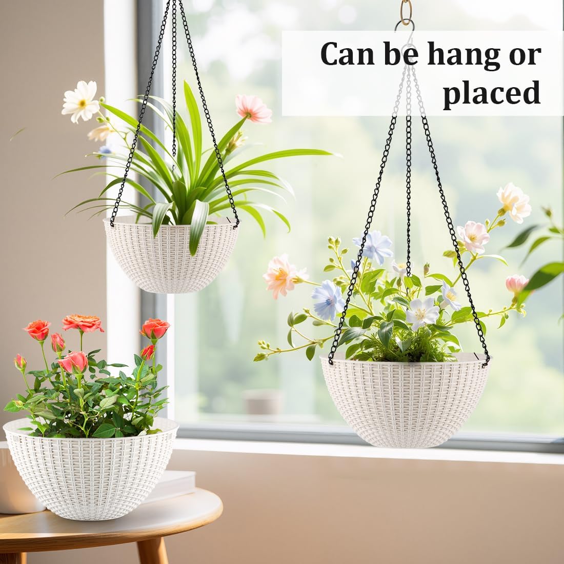 Hanging Planters for Indoor Outdoor Plants 8 and 10 Inch, 4 Packs Plant Hanger with Drainage Holes, Hanging Basket Flower Pot Perfect for Home, Office and Garden,White