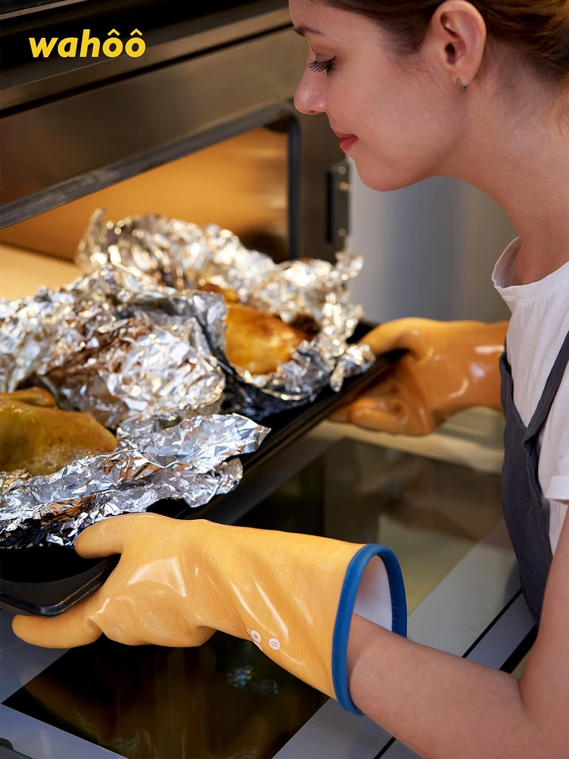 LANON Protection Wahoo Liquid Silicone Smoker Oven Gloves, Food-Contact Grade, Heat Resistant Gloves for Cooking, Grilling, Baking, Yellow, XXL/11