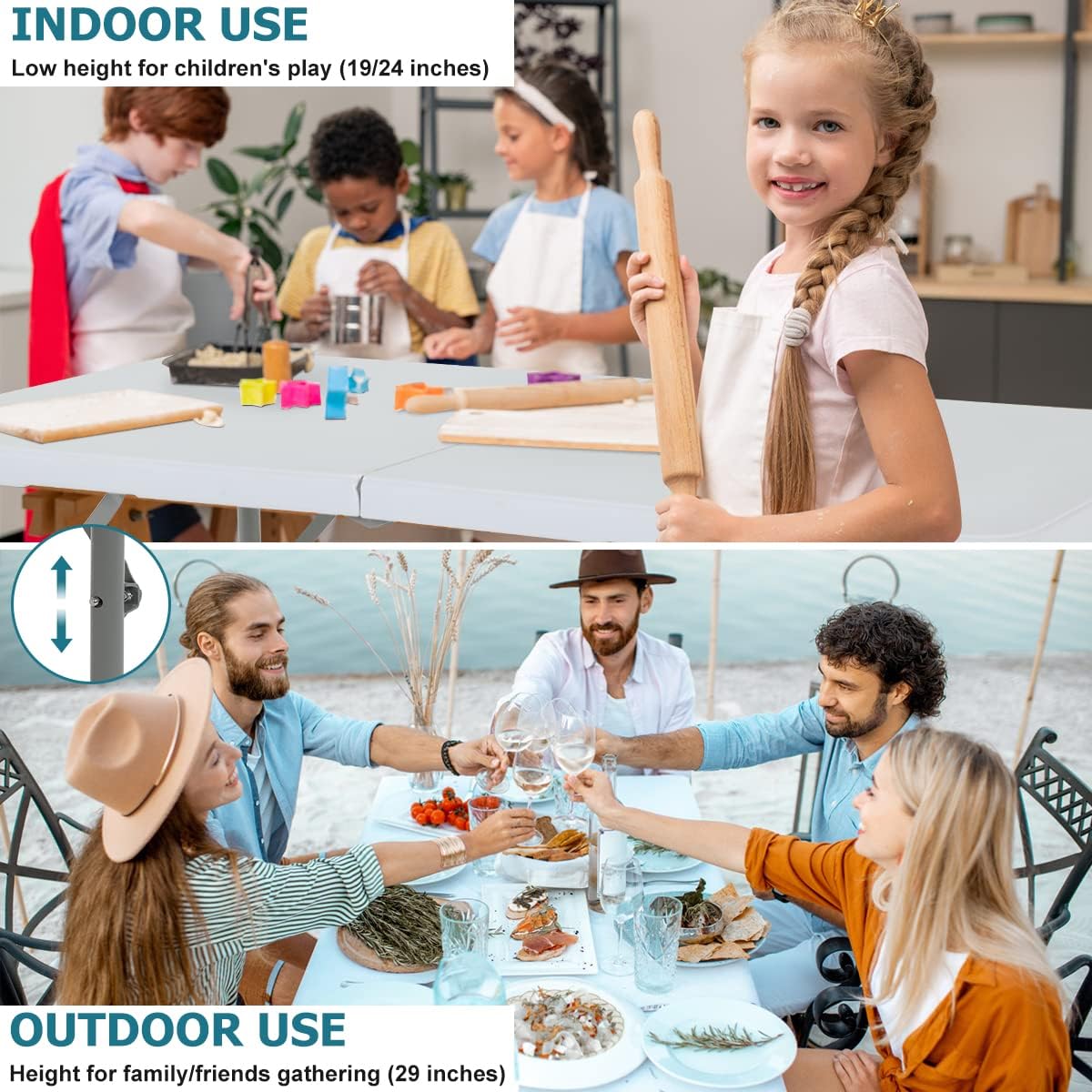 4FT Folding Table, Height Adjustable Table, Heavy Duty Plastic Tables Portable Fold-in-Half Utility Table w/Handle & Lock for Camping BBQ Party Banquet Wedding Market Events, 330LBS