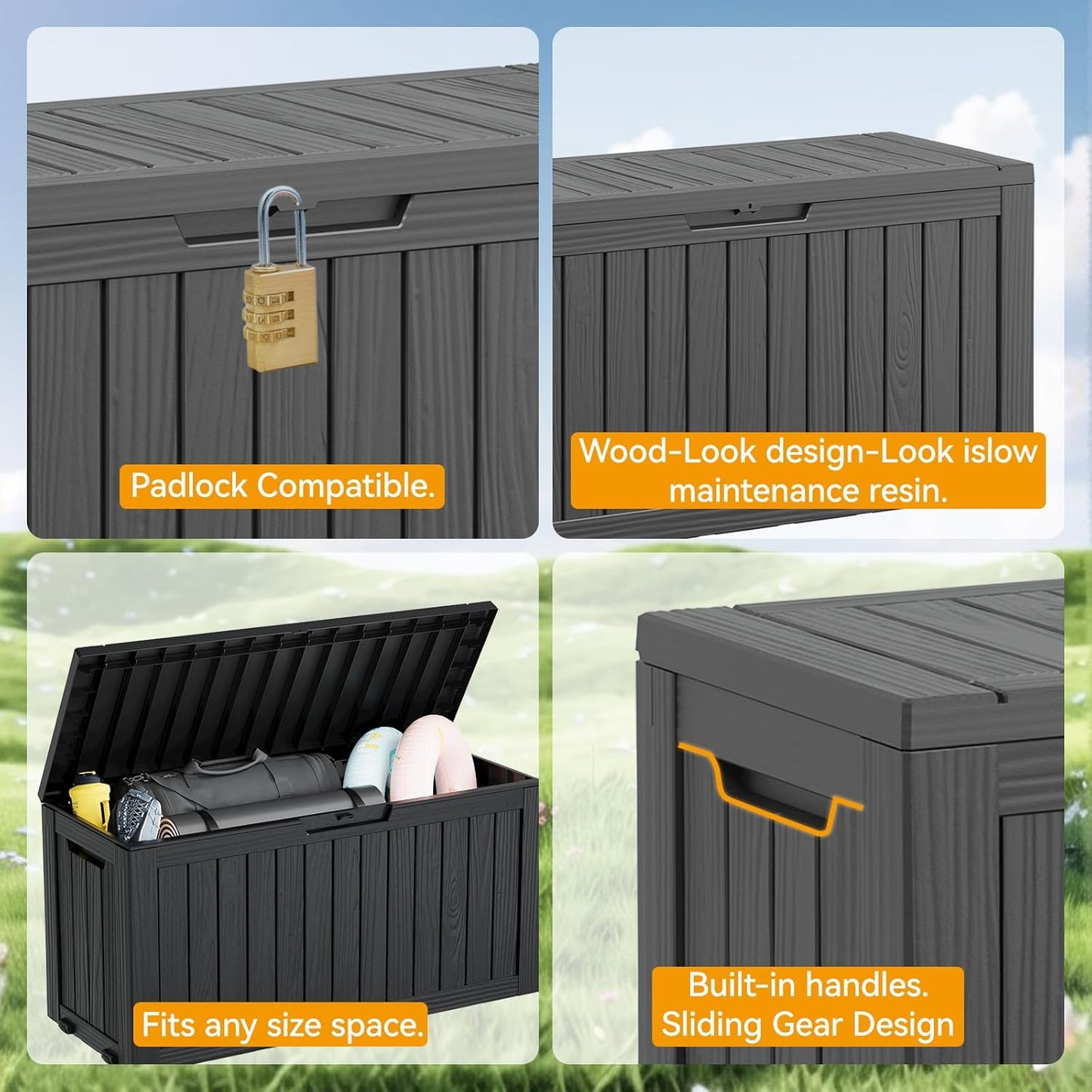 KAMABOKO Deck Box, 75 Gallon Resin Indoor and Outdoor Storage Boxes Waterproof for Garden Tools, Pool Accessories Storage Bench, Patio Furniture and Cushions with Lockable Lid, Black