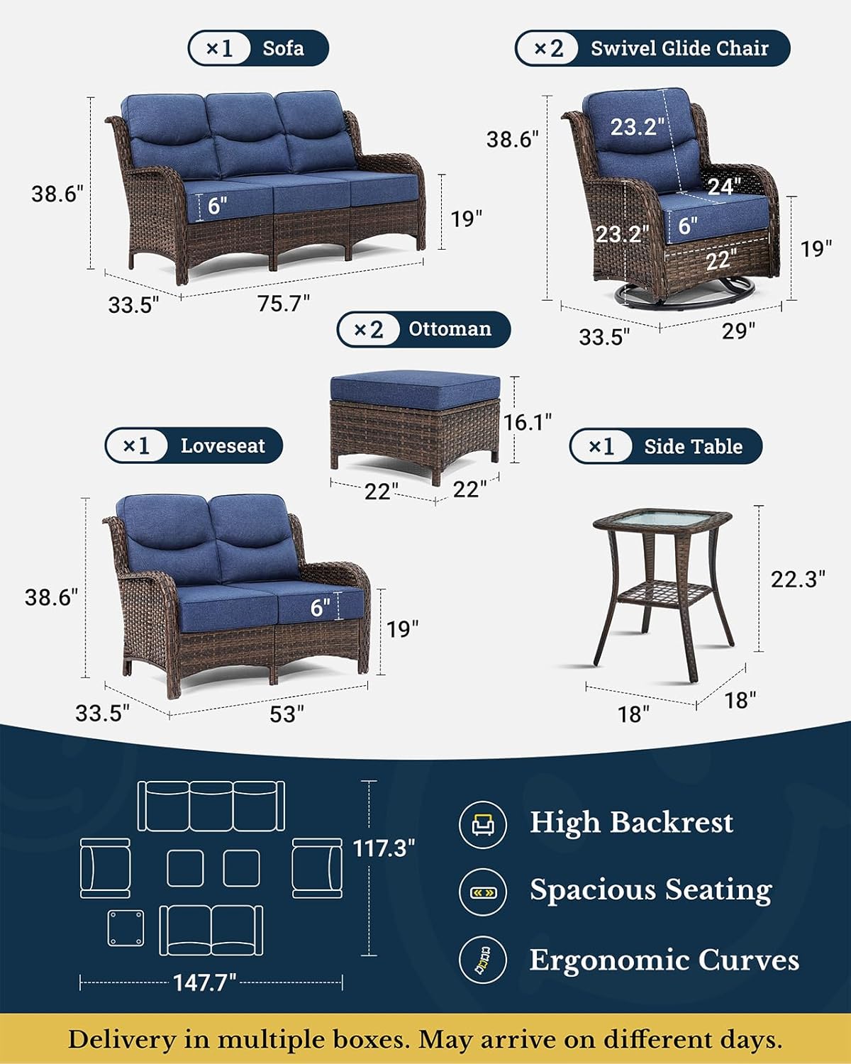 HILLGA Luxury Patio Furniture Set with 6-inch Thick Cushion, Outdoor Couch, Loveseat and High Back Swivel Rocker Patio Chairs, 7PCS Wicker Conversation Set for Deck Yard and Poolside, Blue (V2)