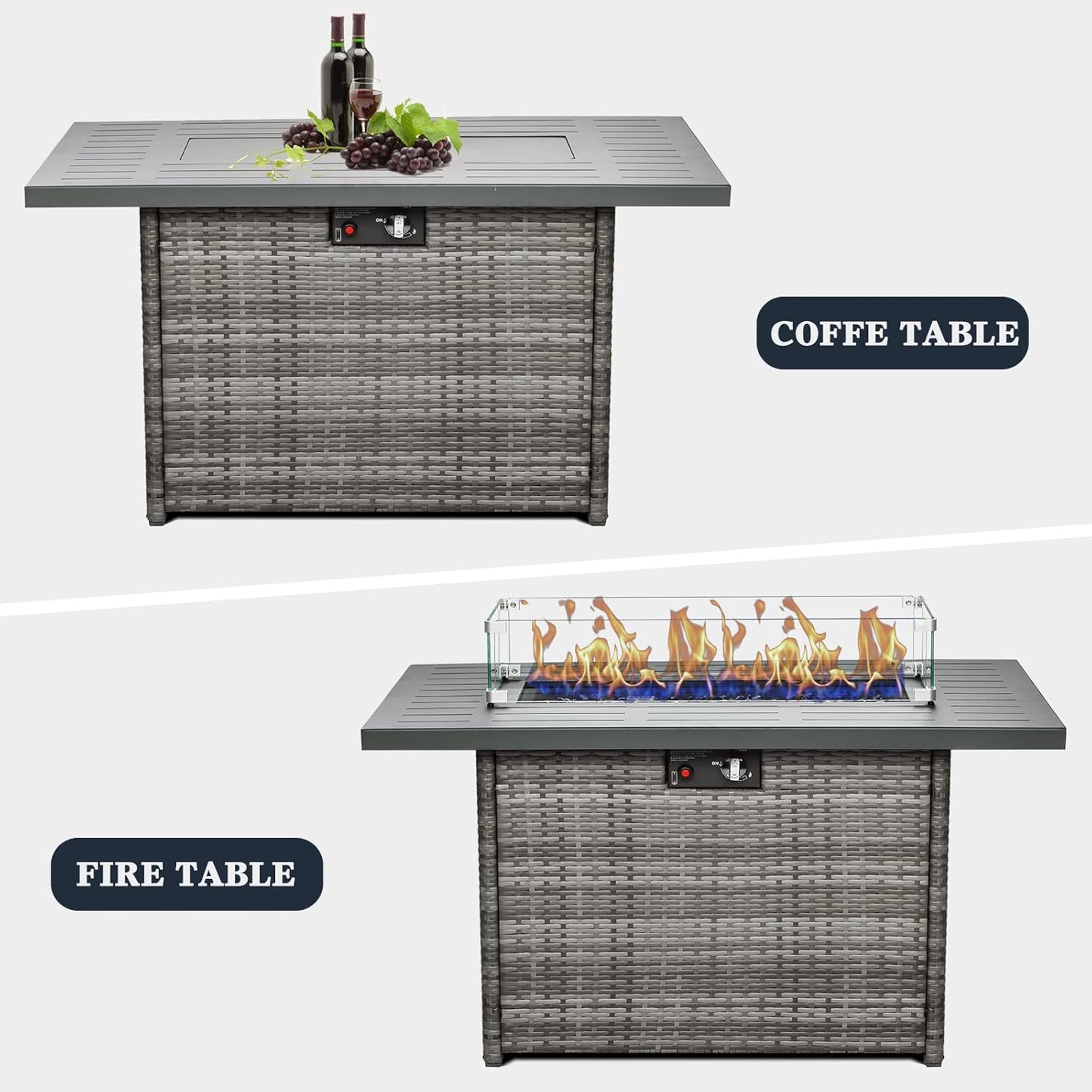 44 Inch Propane Gas Fire Pits Table for Outside Patio, 60000 BTU Rectangular Outdoor Wicker Rattan Fire Pit with Glass Wind Guard
