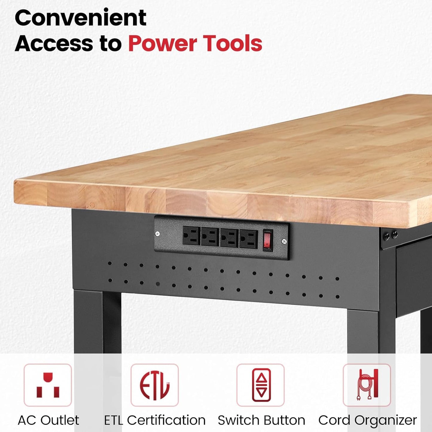 Workbench with Shelf Bracket 48 x 24 Inch Heavy Duty Rubberwood Tabletop Work Table Adjustable Height Work Bench with Drawer, Power Outlets for Garage Woodworking Shop, Home, Office