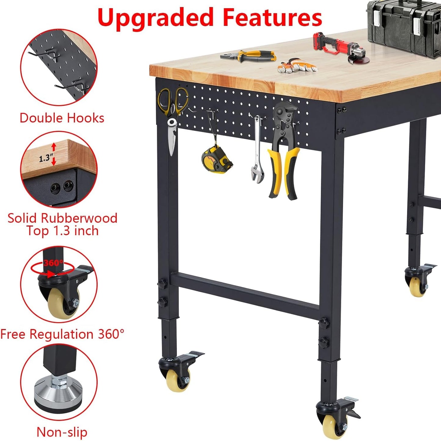 72" x 25" Heavy-Duty Adjustable Workbench with Power Outlets - 2000LB Capacity Garage Workbench, Rubberwood Top, Locking Wheels, Mobile Workstation for Workshop, Office & Home