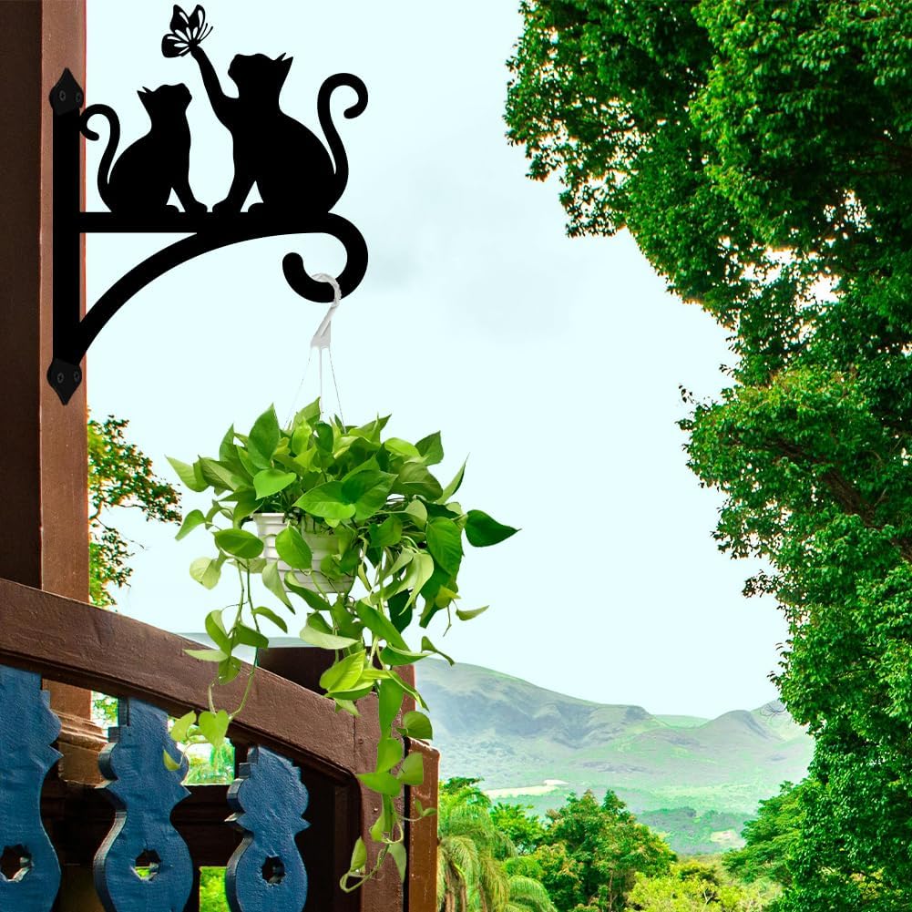 Peacoblue Iron Plant Hangers Hooks for Outdoor Indoor Hanging Plants Fern Pots, Lantern, Bird Feeder, Wind Chimes, 12βx14β Cat Weather Resistant Metal Wall Brackets Holder for Porch, Garden, Home(Cat)