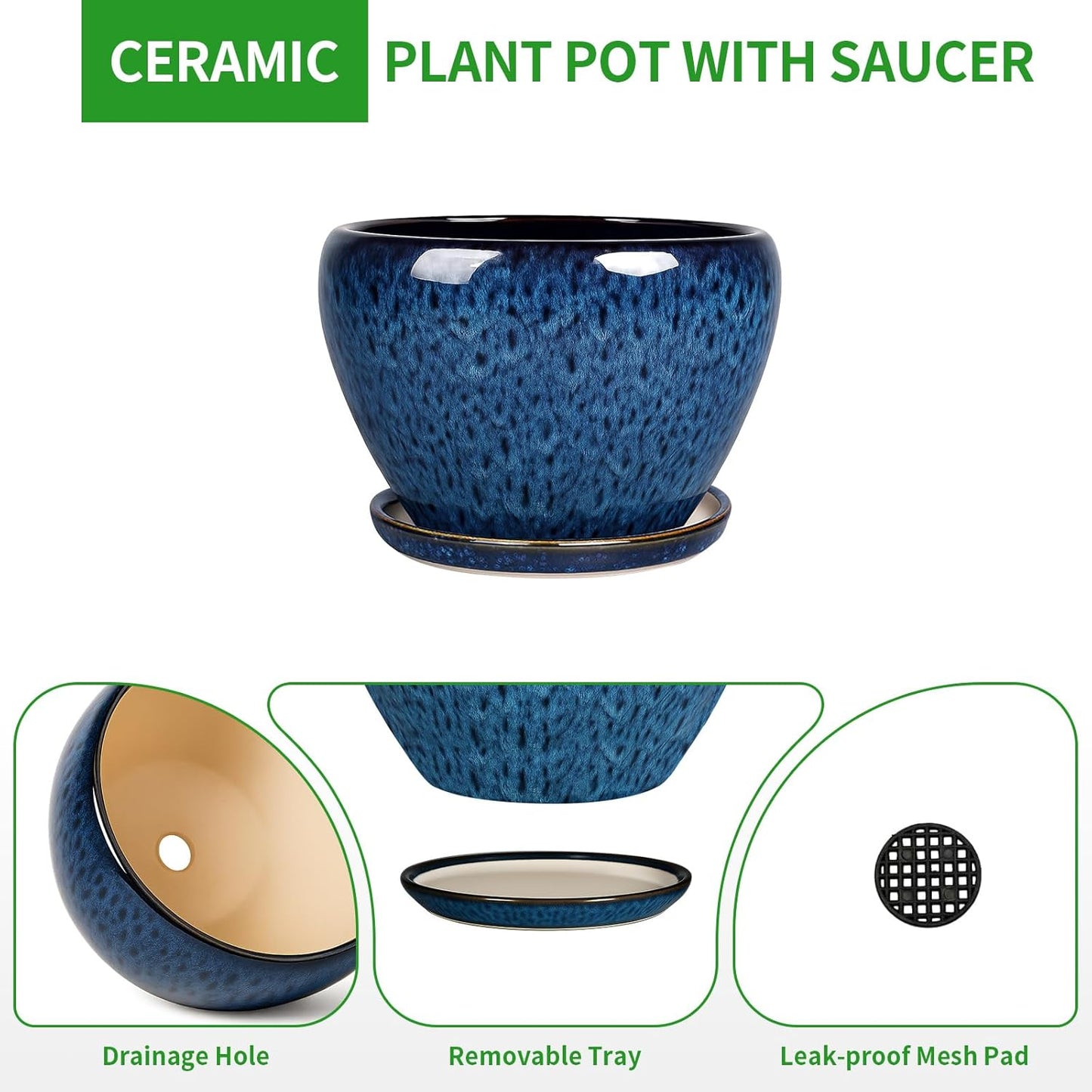 Deep Dream 6 Inch Plant Pots- Ceramic Planter Pot with Drainage Hole and Saucer, Round Flower Pot for Indoor Outdoor Succulent, Snake Plants and Cactus, Blue