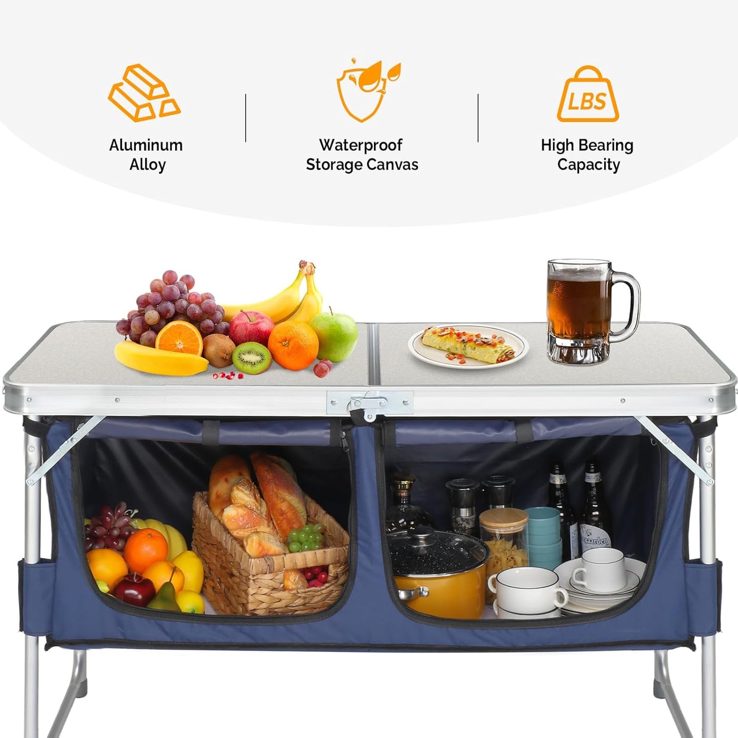 Outvita Portable Camping Table with Storage, Outdoor Aluminum Folding Camping Table with 3 Adjustable Height, Foldable Camp Tables for Backyards BBQ Party Picnic Beach Indoor, White