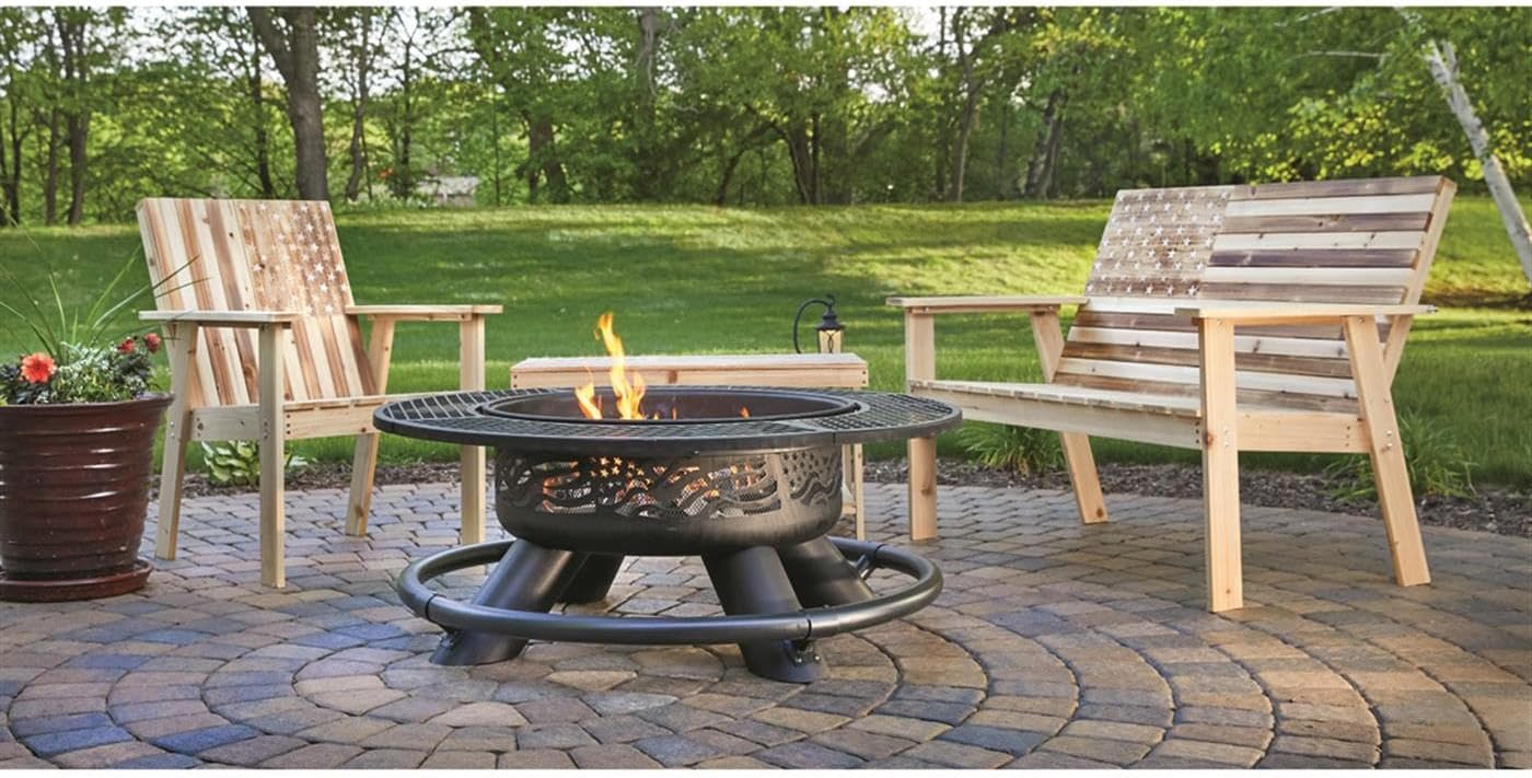 Castlecreek 47" Fire Pit BBQ Grill Outdoor Wood Burning Steel Log Firepit for Camping, Grilling, Smores, Yard, Cooking Outside, Barbecue, Bonfire Flag