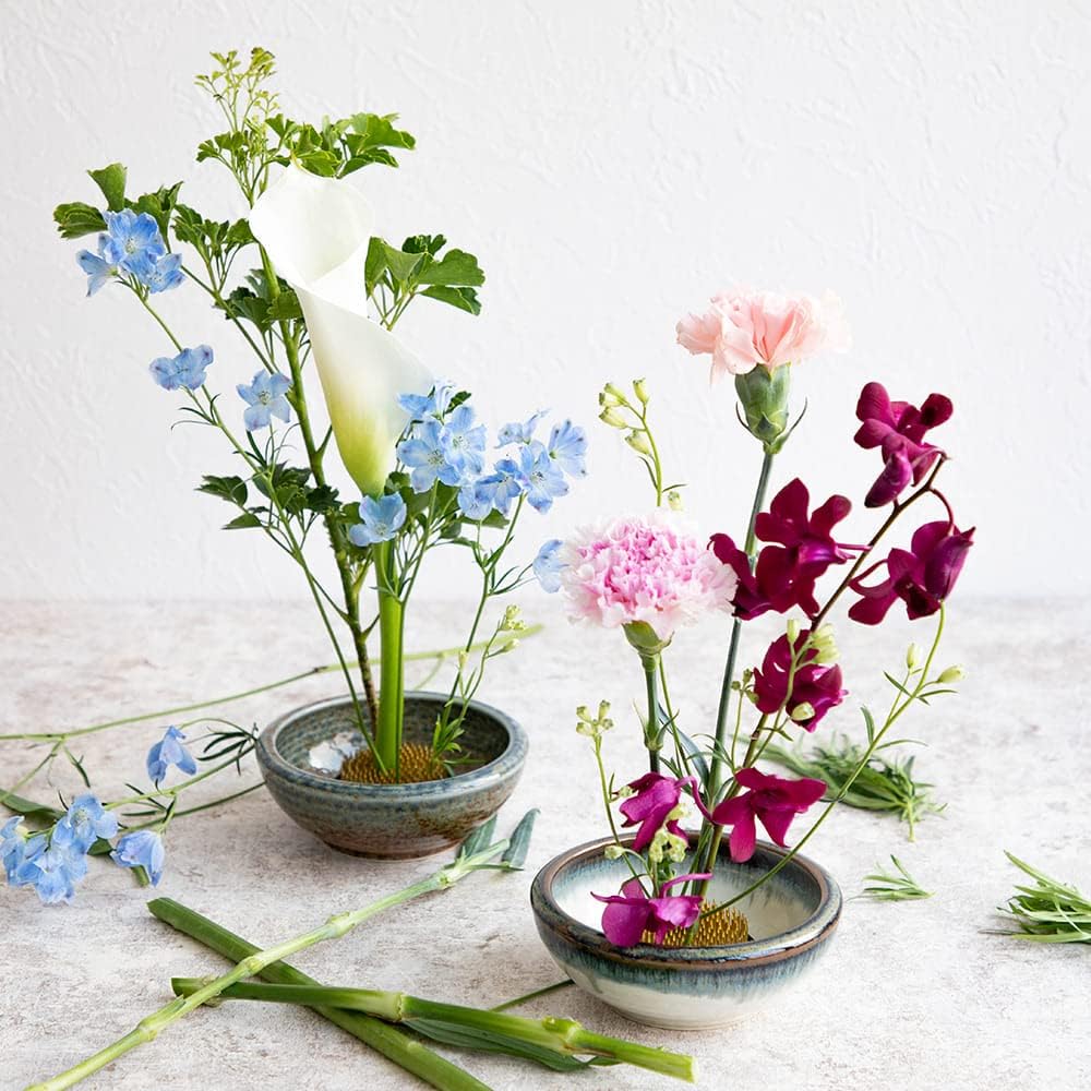 Wazakura Minoyaki Series Small Round Glazed Ikebana Flower Vase Made in Japan, Handpainted Floral Arrangement Pottery Supplies - Brown and Blue