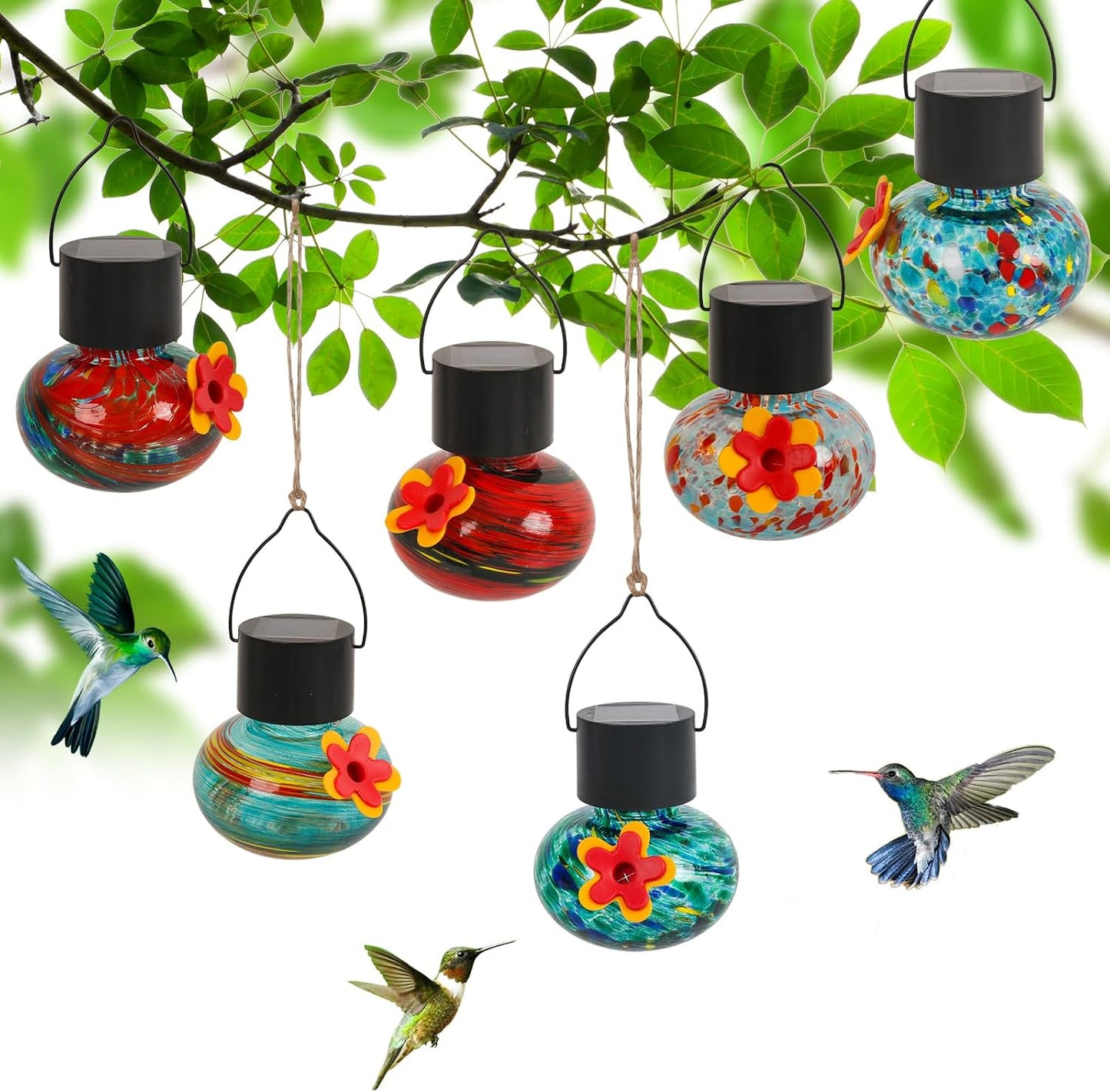 Solar-Powered Hummingbird Feeder with Wind Chime Elegance – 6 Leak-Proof Glass Ports, Frosted Design & Multicolor Night Lights – Perfect Outdoor Gift for Nature Enthusiasts