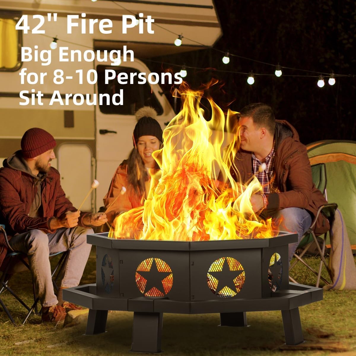 42 inch Fire Pit for Outside, Heavy Duty Wood Burning Fire Pits with Fire Poker, Outdoor Octagonal Firepit for Camping, Yard, Patio