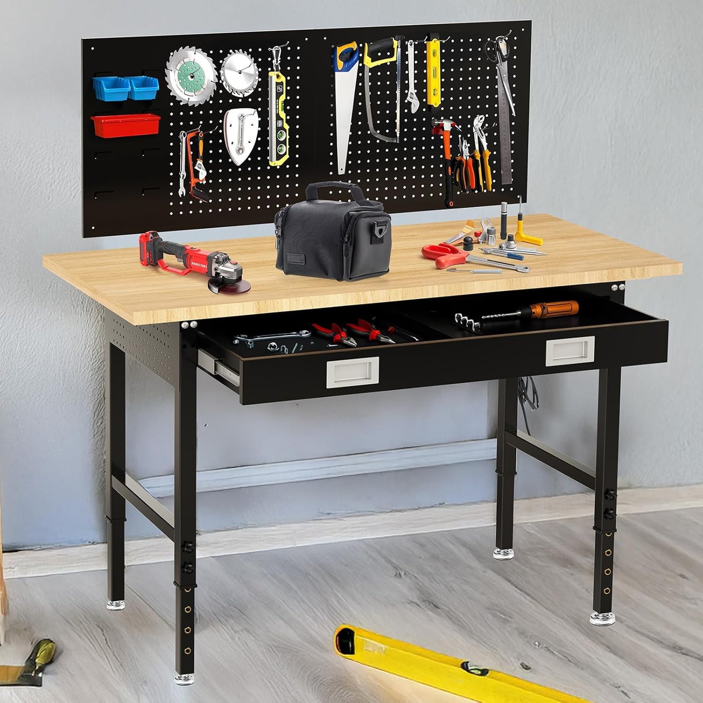 60" Workbench for Garage with Drawers Rubberwood Tabletop Work Table with Pegboard, Power Outlets Adjustable Height Work Bench for Office, Woodworking Shop, Home