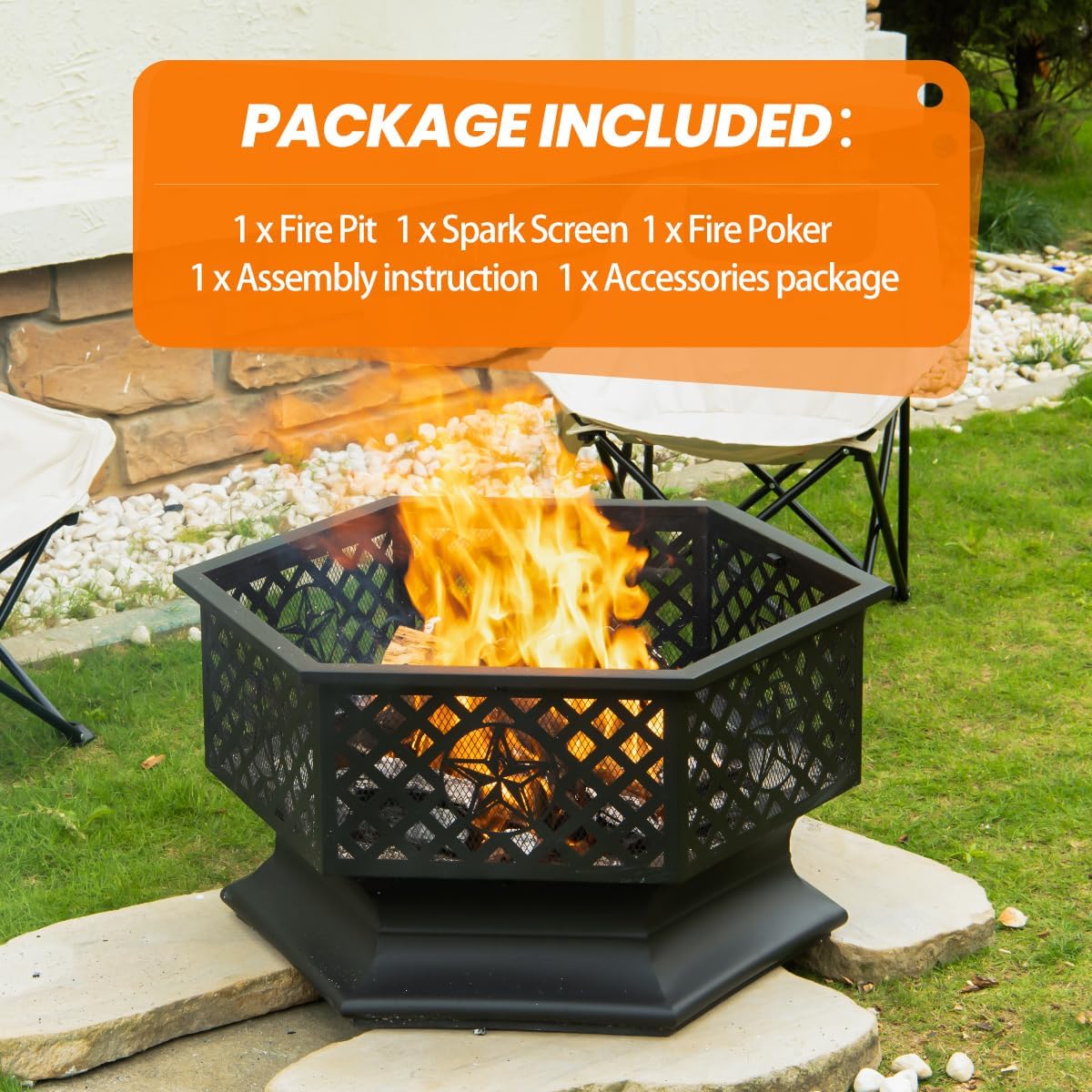28 Inch Hexagonal Fire Pit,Wood Burning Firepits for Outside with Spark Screen&Poker,Metal Hex-Shaped Outdoor Fire Pit for Outside,Backyard,Bonfire,Patio,Garden,Picnic and Camping(Black)