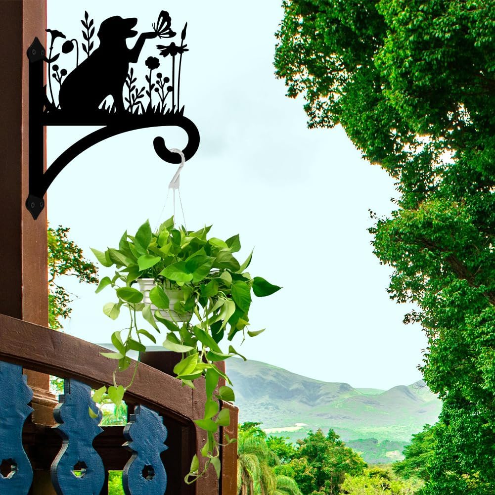 Peacoblue Iron Plant Hangers Holder for Outdoor Indoor Hanging Plants Fern Pots, Lantern, Bird Feeder, Wind Chimes, 12βx14β Dog Weather Resistant Metal Wall Brackets Hooks for Porch, Garden, Home(Dog)