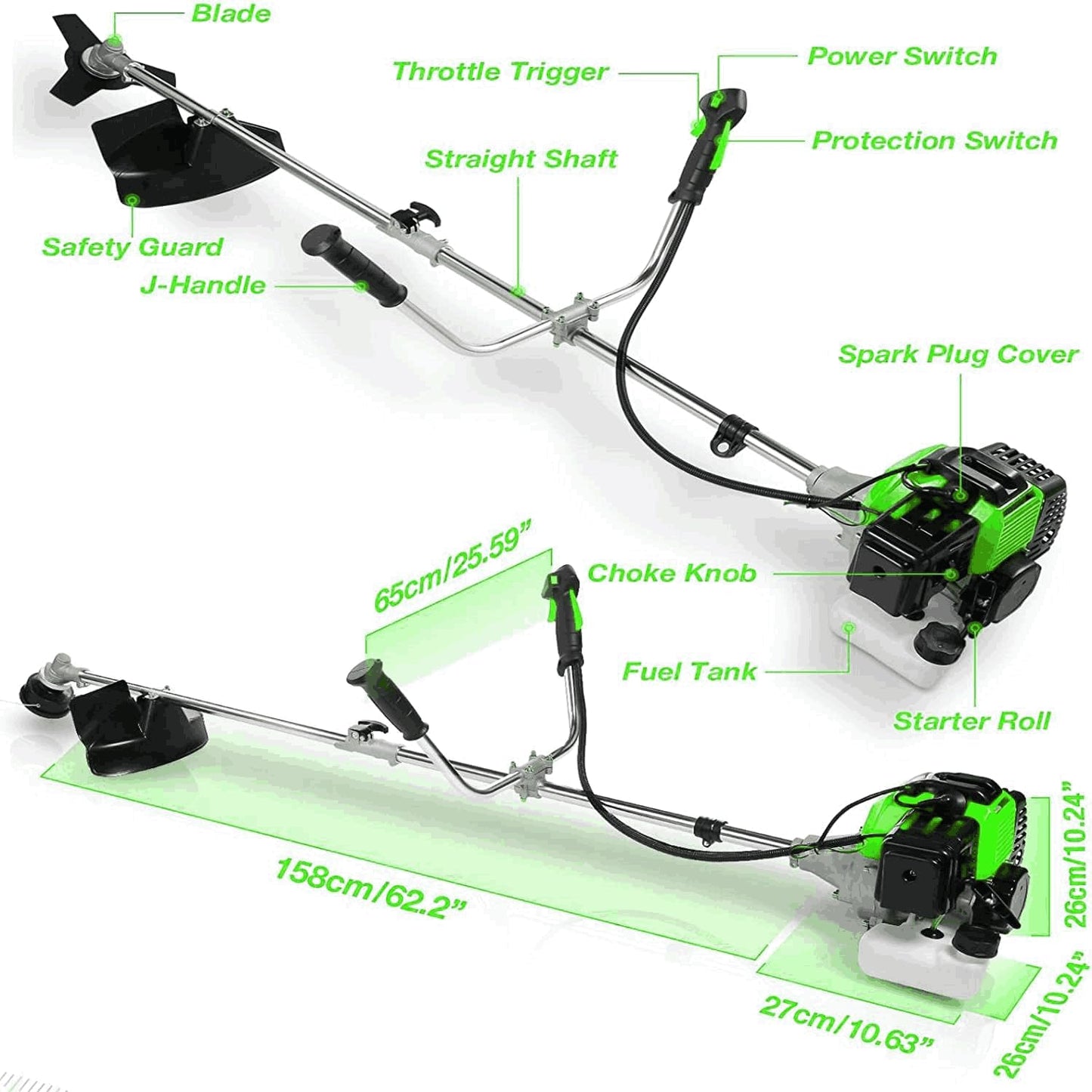 58CC Weed Wacker, Weed Eater Gas Powered 4 in 1 Cordless, String Trimmers 2-Cycle Gas Brush Cutter Weed Wacker Straight Shaft Gas Grass Trimmer for Lawn and Garden Care Trimming (Green)