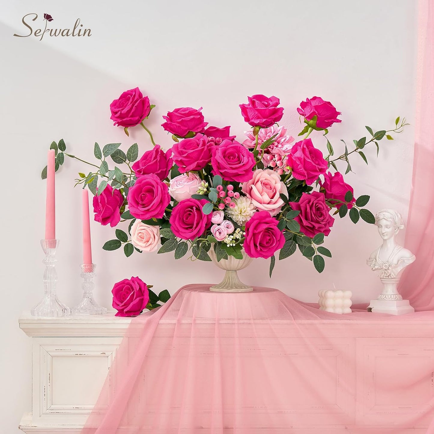 Serwalin 50pcs Artificial Roses Bulk, 4'' Big Velvet Flower Head, Hot Pink Rose Velvet Real Touch, Silk Fake Roses Long Stems Realistic Bouquet for Wedding Table Centerpiece and Home Decor