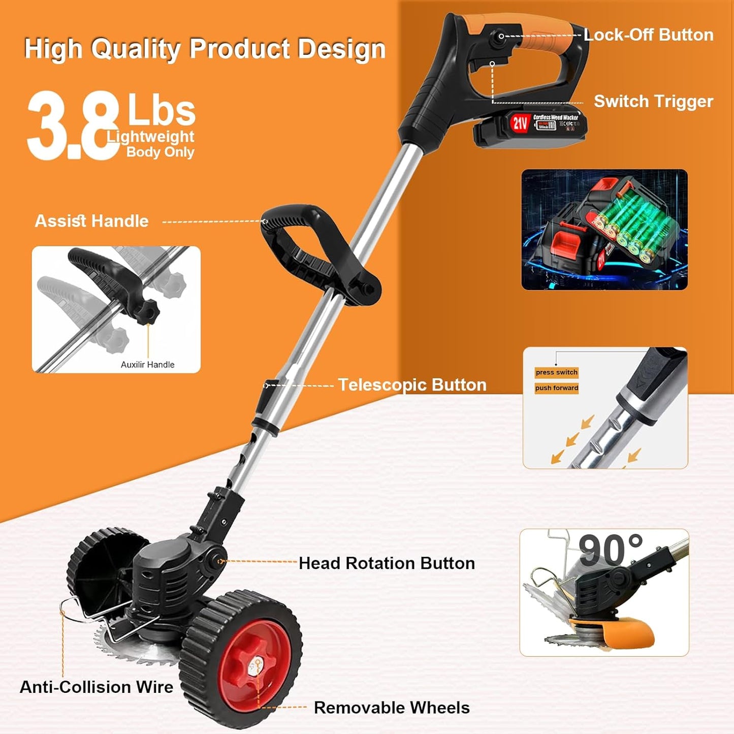 Electric Weed Wacker Eater Cordless, Weed Wacker Battery Powered, Weed Trimmer with 2 21V/2Ah Battery Operated & 15 Blades & Wheels, No-String Grass Trimmer/Brush Cutter/Edger for Garden Yard