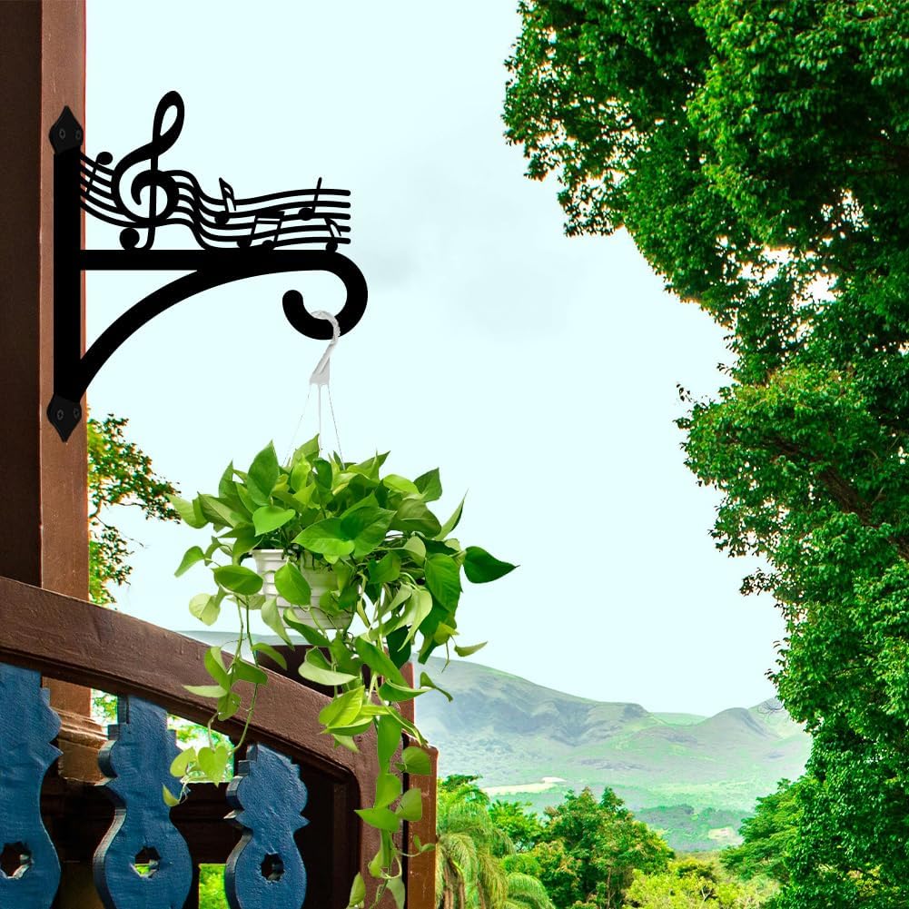 peacoblue Iron Plant Hangers Hooks for Outdoor Indoor Hanging Plants Flower Fern Pots Lantern Bird Feeder,12"x13.8" Weather Resistant Metal Wall Holder for Porch Garden Farmhouse(Music Notes)