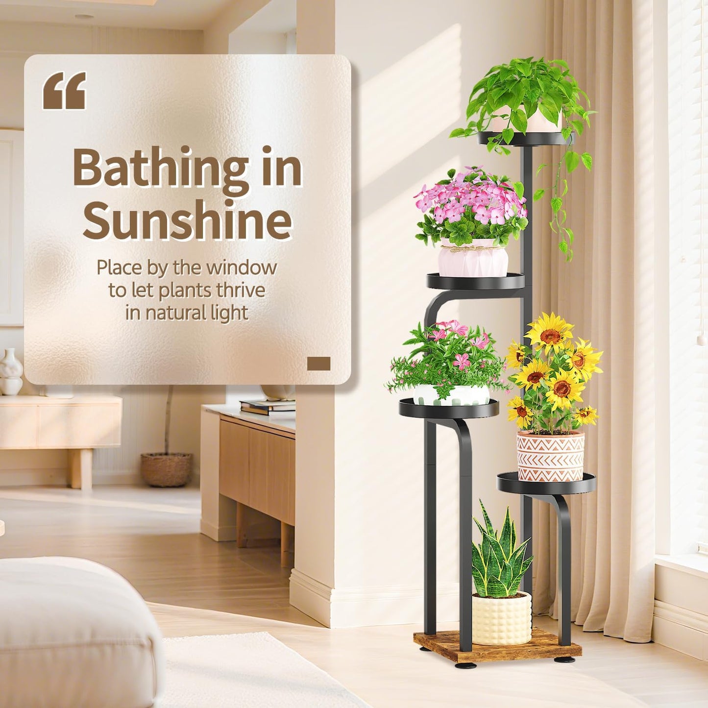 LASZOLA Black 5 Tiered Tall Plant Stand Indoor with Heavy Duty Metal Tray, Large Multi Level Vertical Planter Rack for Narrow Corner, Sturdy Rustic Tall Orchid Flower Shelving Holder for House Decor