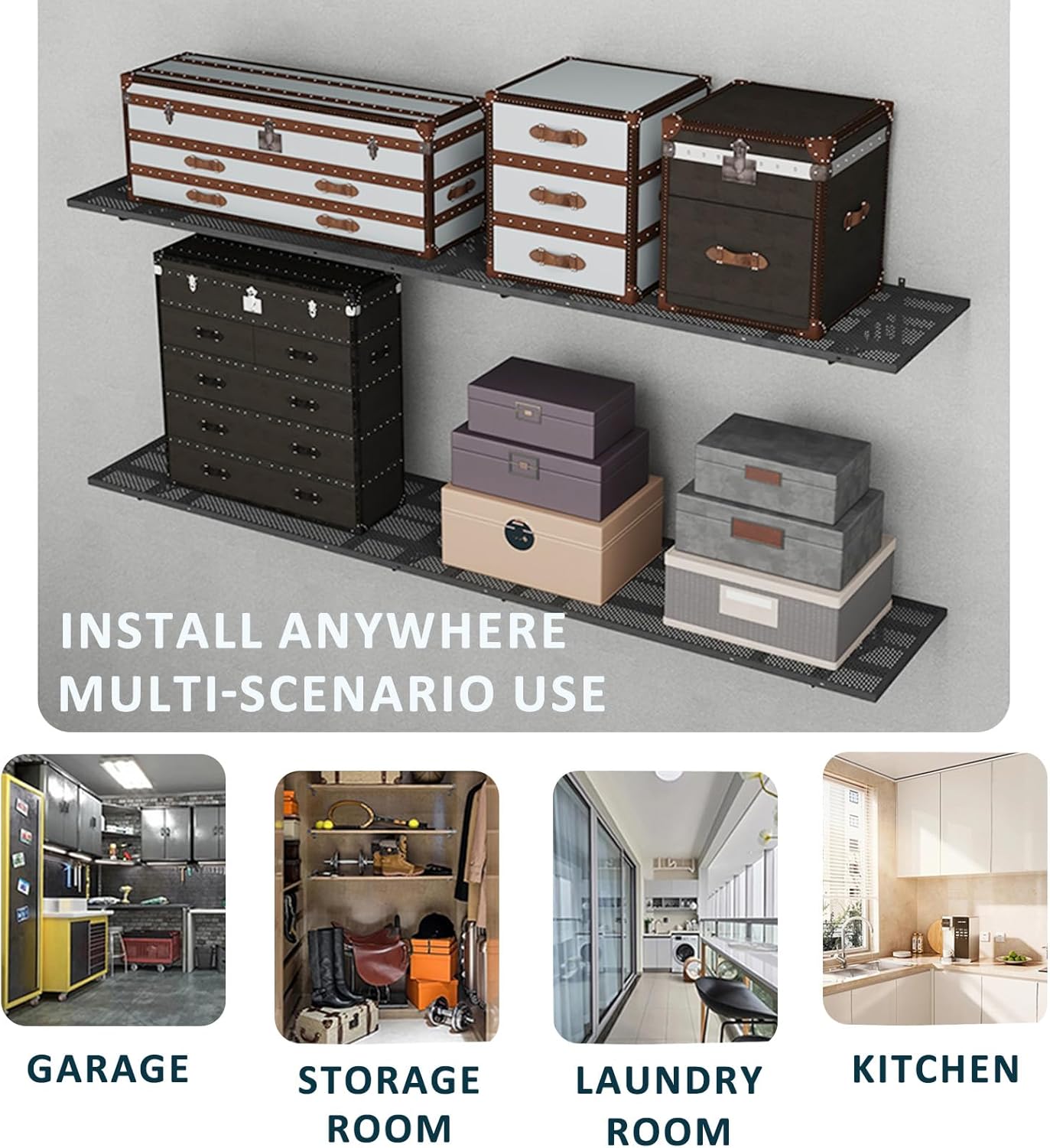 New 1 Pack Garage Wall Shelving, Heavy Duty 1.5' x 3.8' Wall Mount Storage Shelf with Hooks, Garage Storage Rack Floating Shelves, Holds 250 lbs Each