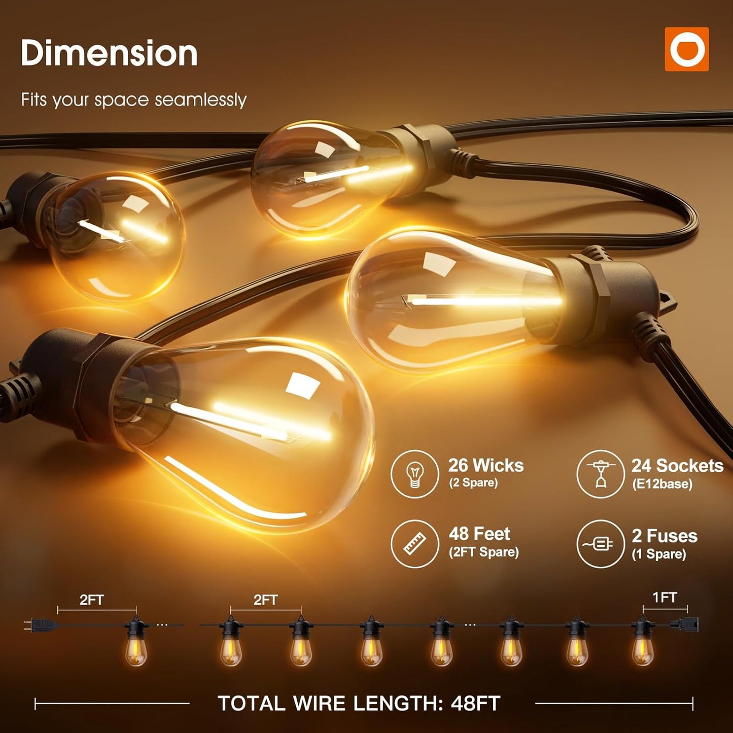 addlon 48FT(2FT Space) LED Outdoor String Lights with 24 Edison Shatterproof Bulbs, Heavy-Duty and Weatherproof Strand, Commercial Grade Patio Lights, Decorative for Garden or Patio, Black