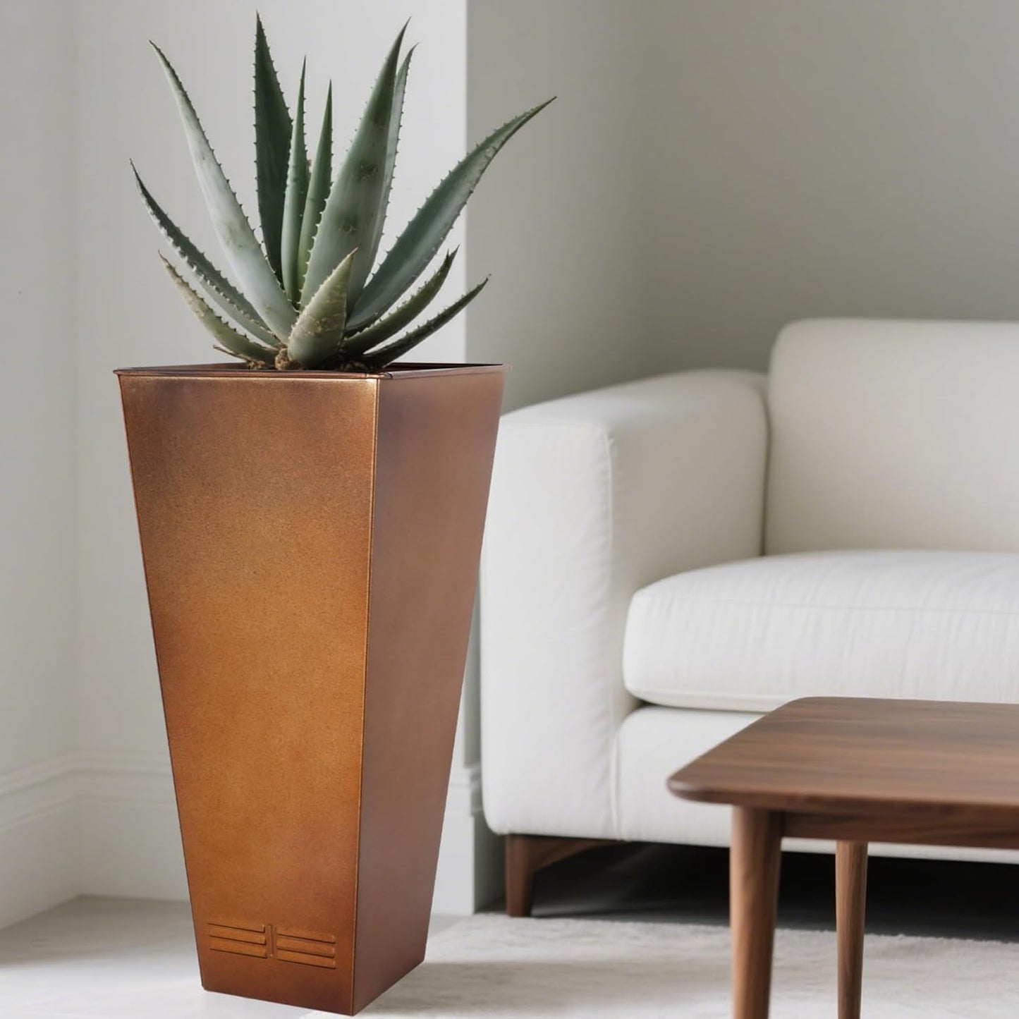 Worth Garden 28" H. Large Metal Planter Set of 2, Classic Matte Bronze Retro Finish Tall Square Tapered Steel Flower Plant Pots for Indoor & Outdoor Use - Insert Plate with Drain Holes, Air Vents