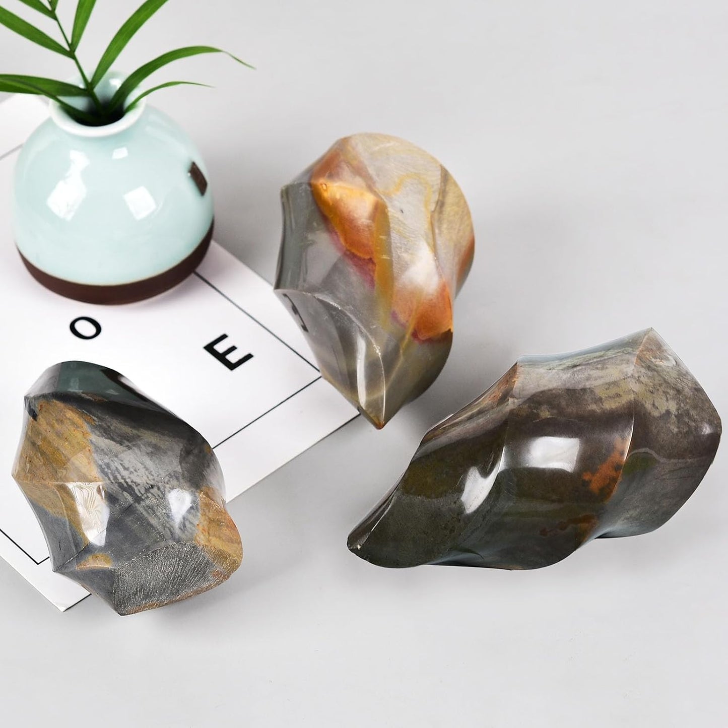 AMOYSTONE Polychrome Jasper Flame Shaped Stone Towers Obelisk Natural Healing Crystal Quartz Reiki Energy Decoration Home Office 0.6-1.0LBS