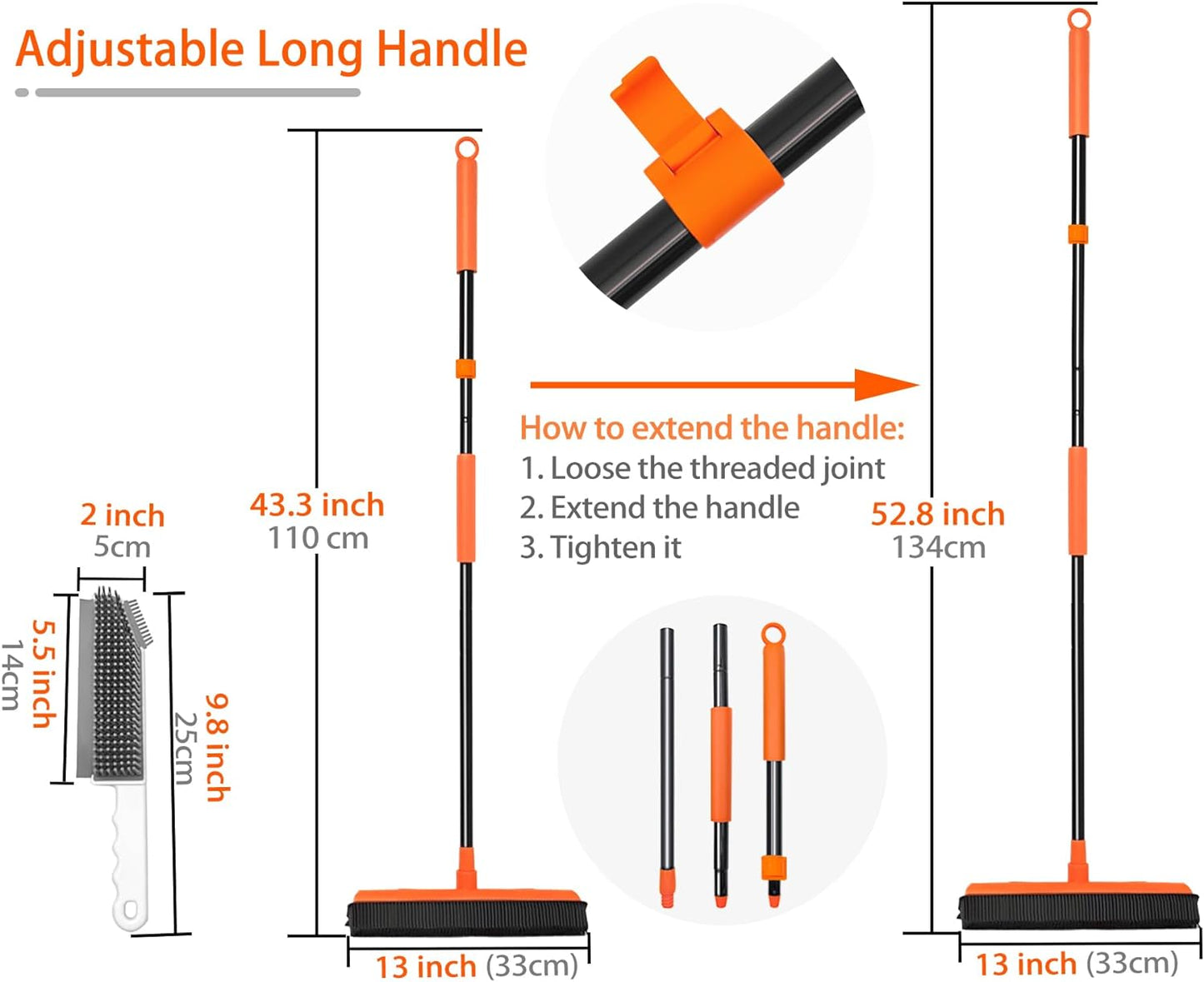 JEHONN Rubber Broom Carpet Rake for Pet Hair Remover, Fur Removal with Squeegee, Portable Detailing Brush Brush, 52.8 Inches Telescopic Long Handle for Fluff Carpet