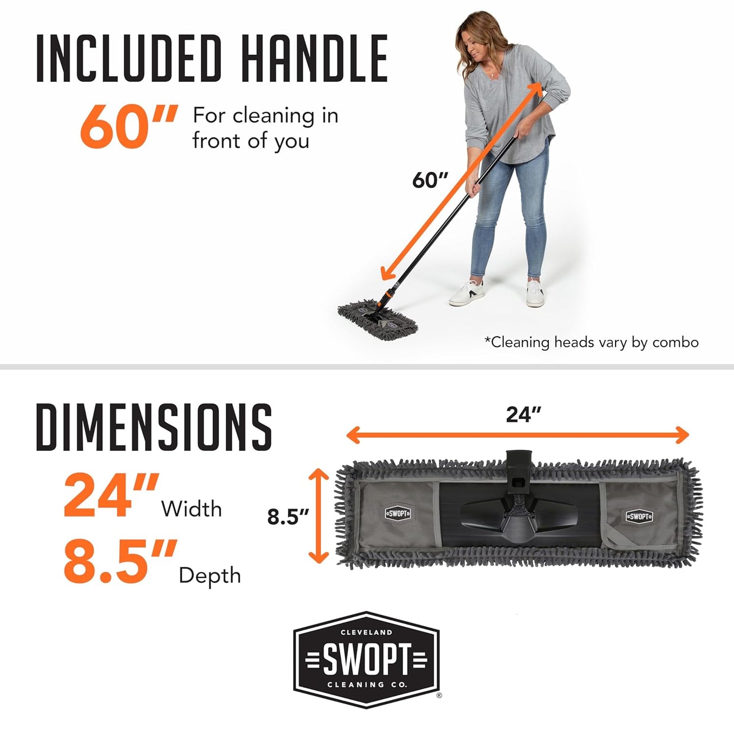 SWOPT 24” Microfiber Dust Mop + 60" Steel Handle, Combo — Includes Additional 24” Microfiber Refill, Machine Washable — Dust Mop Head with Long Handle Interchangeable with All SWOPT Cleaning Products