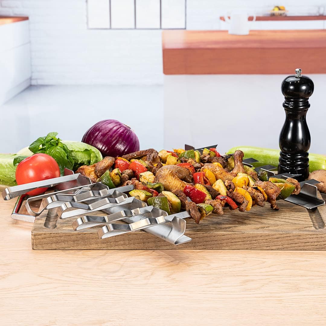 Restaurantware Met Lux 16.9 Inch Barbecue Skewers With Racks 8 Piece Heavy-Duty Shish Kabob Skewer Set - Brings 6 Skewers Includes 2 Grill Racks Stainless Steel Grilling Skewer Set Reusable