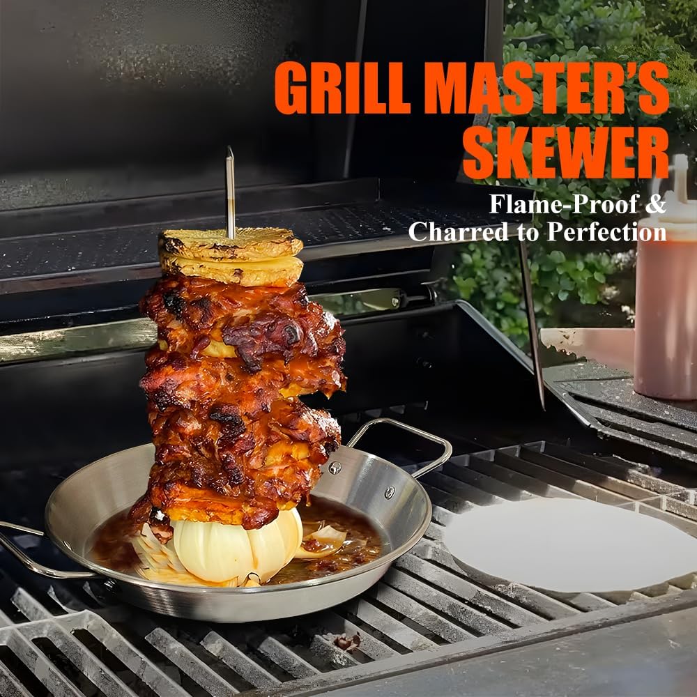 13 inch Vertical Skewer Pan Stainless Steel Gyro Spit Shawarma Stand for oven, Al Pastor Skewer for Grill, El Pastor Hack for Tacos Al Pastor Chicken, Brazilian, with 8",10",12" stick
