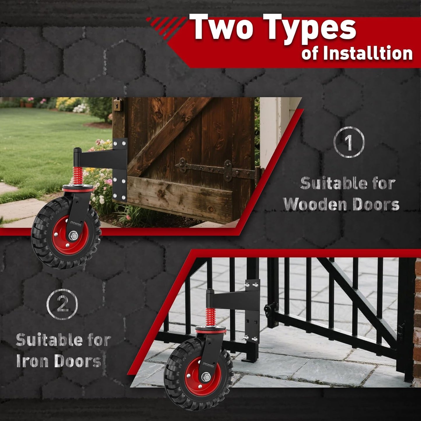 Heavy Duty Gate Wheel, 5" Double-Welded,400lb Capacity for Metal Tube & Wooden Gates, 360° Swivel Spring-Loaded Caster with 2 Installation Kits